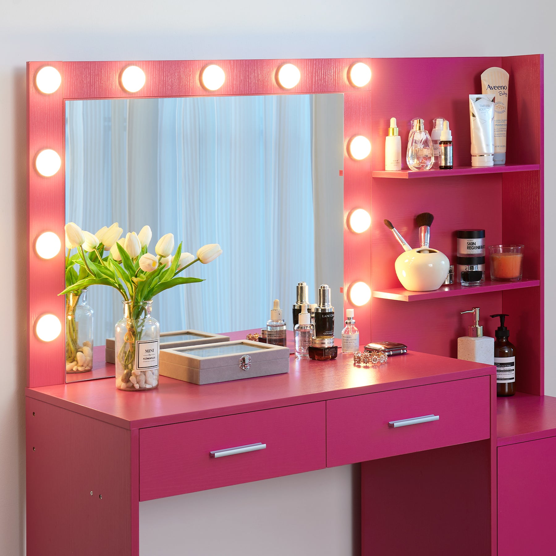 Espoo 46.4" Modern Vanity Desk with Lighted Mirror, Pink