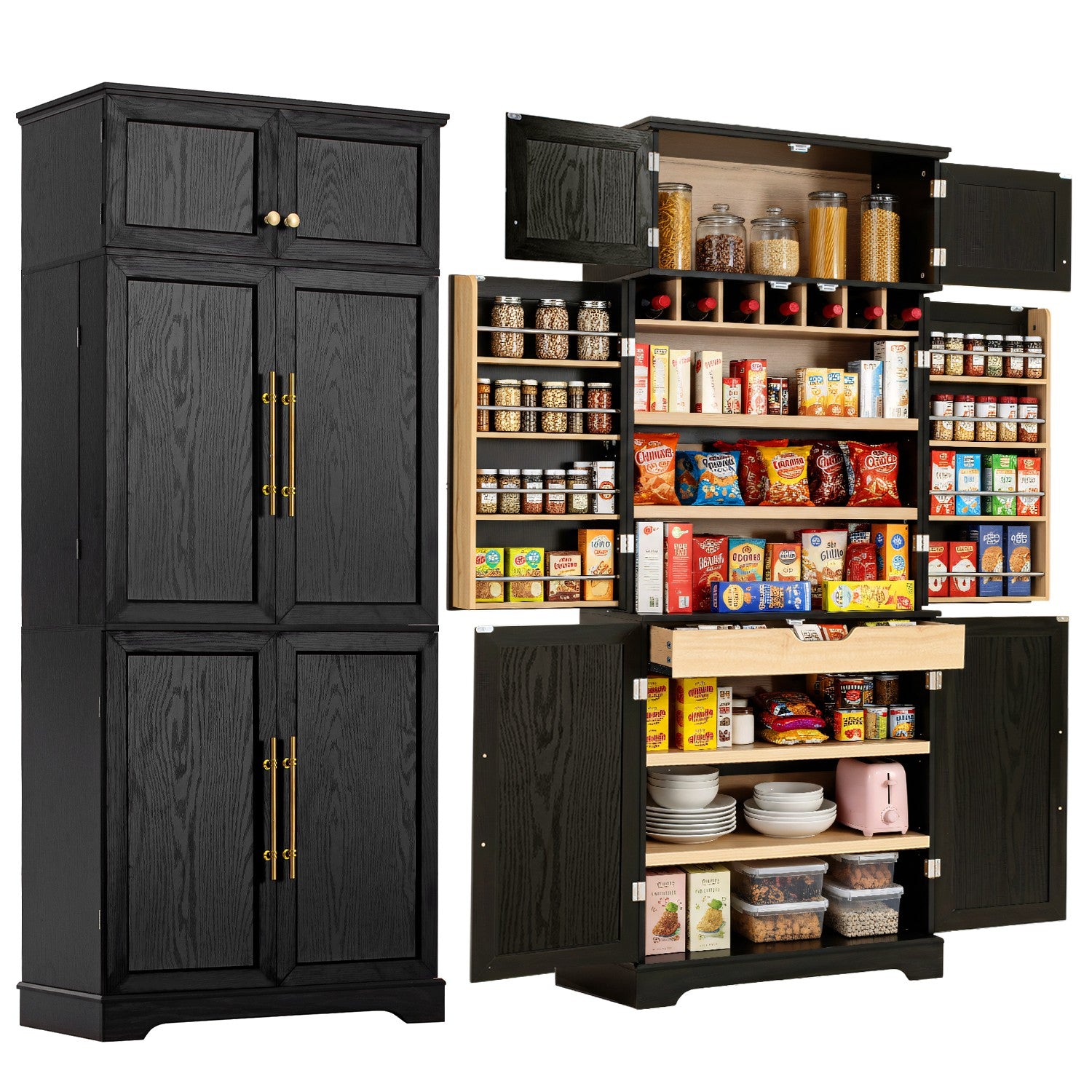 Bristol 78.2" Farmhouse Ash-Black Kitchen Pantry Cabinet with Adjustable Shelves