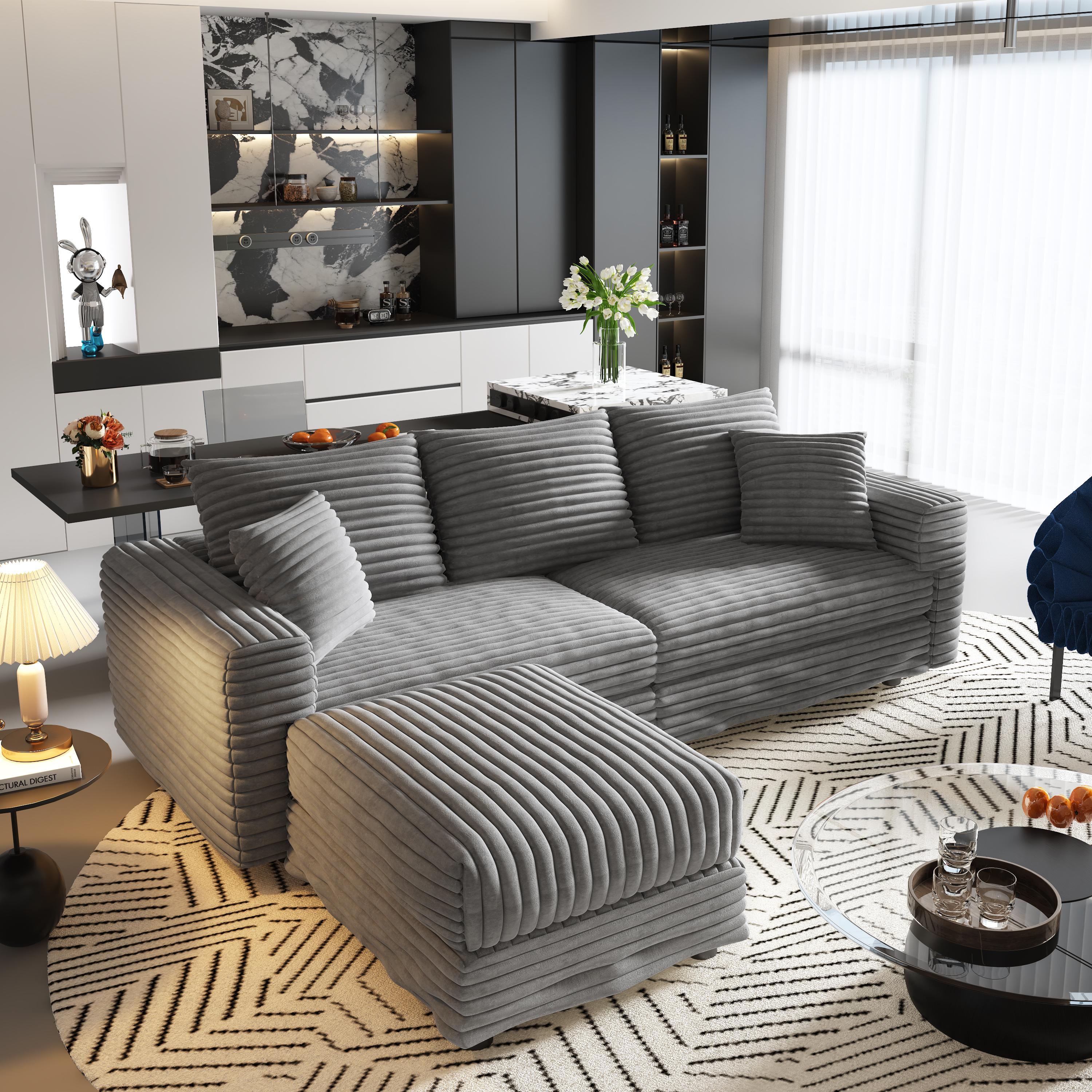 Norwalk 83" Modular Plush Corduroy L-Shaped Sectional Sofa with Movable Ottoman