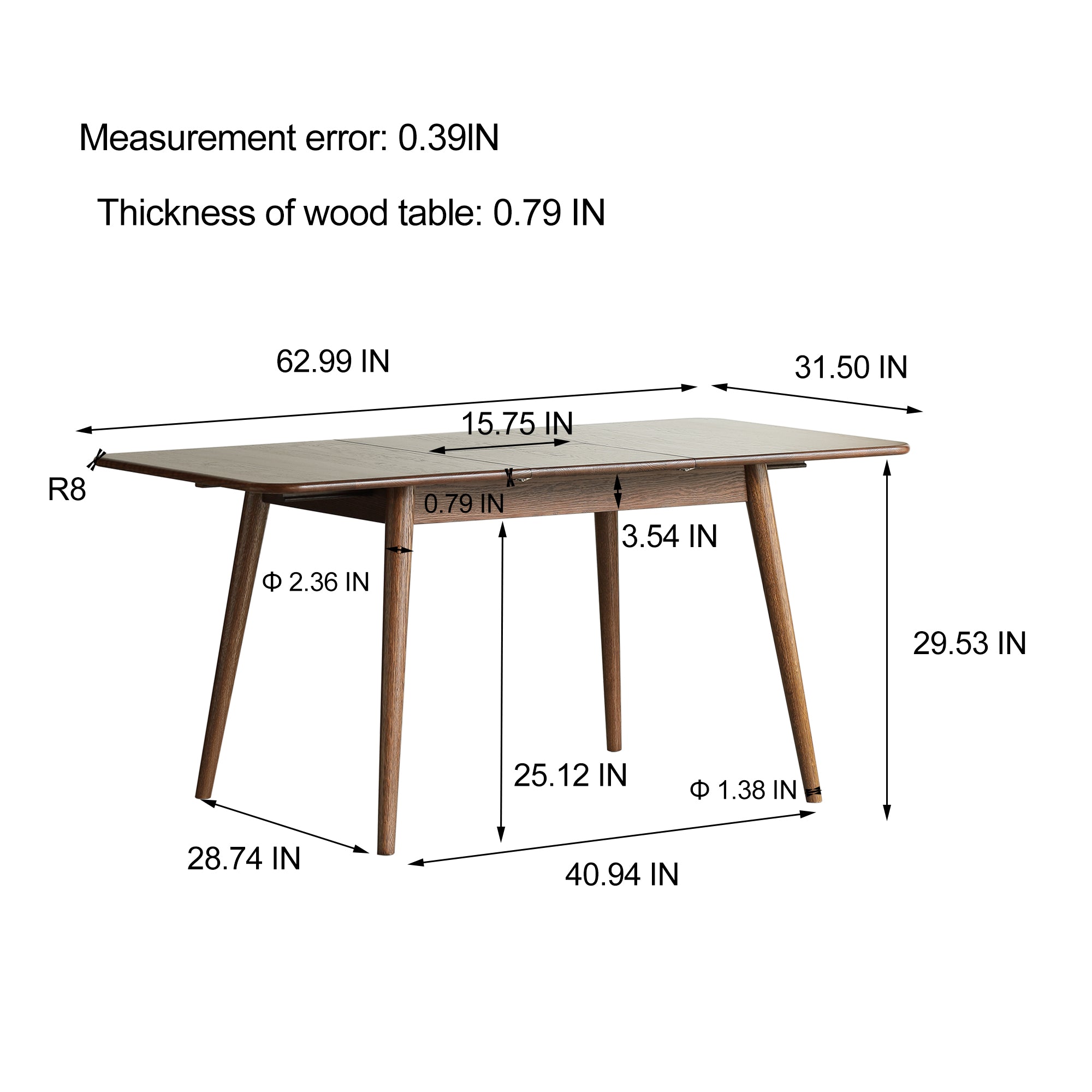 Bergen 47.2"-63" Extendable Solid Oak Rectangular Dining Table, Seats 6-8