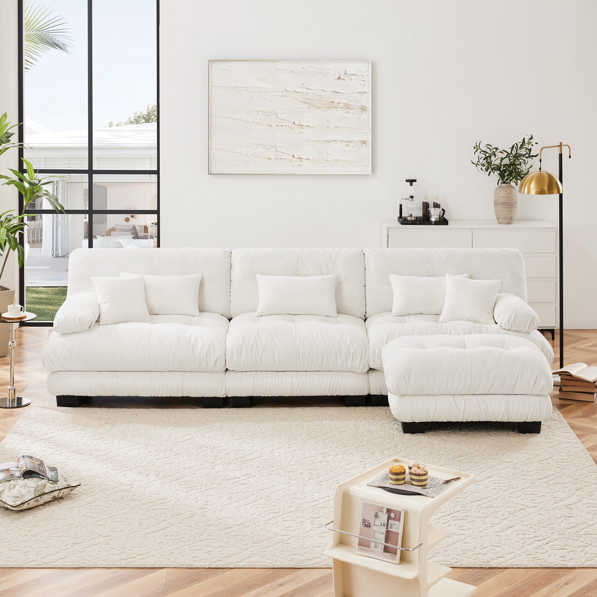 Monterey 134" Modular Chenille Cloud L-Shaped Sectional Sofa with Convertible Ottoman