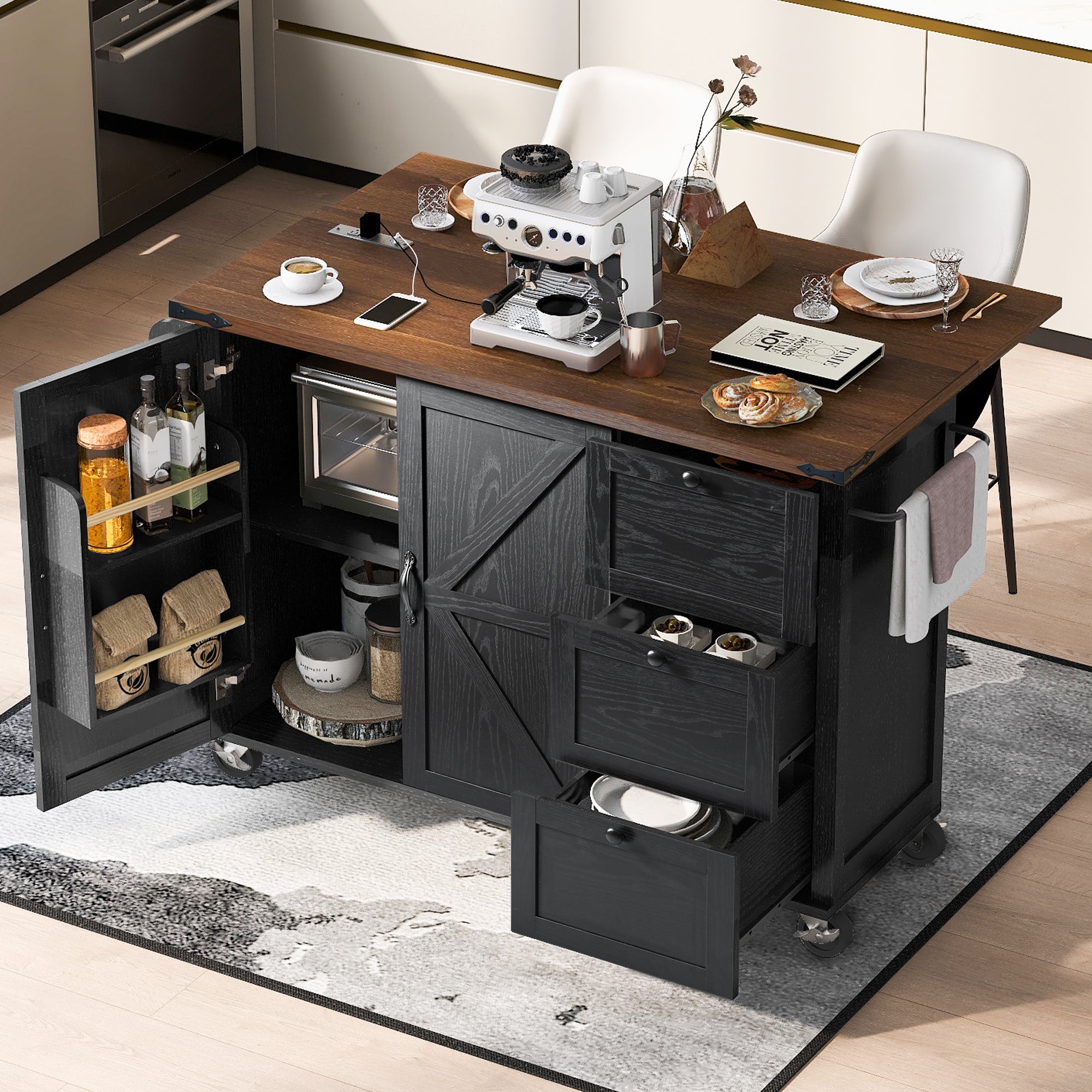 54.5' Farmhouse Kitchen Island with Power Outlet, Kitchen Storage Island  with Internal Storage Rack, Drop Leaf, Spice Rack, Rolling Kitchen Cart on Wheels, for Home, Kitchen and Dining Room,Black