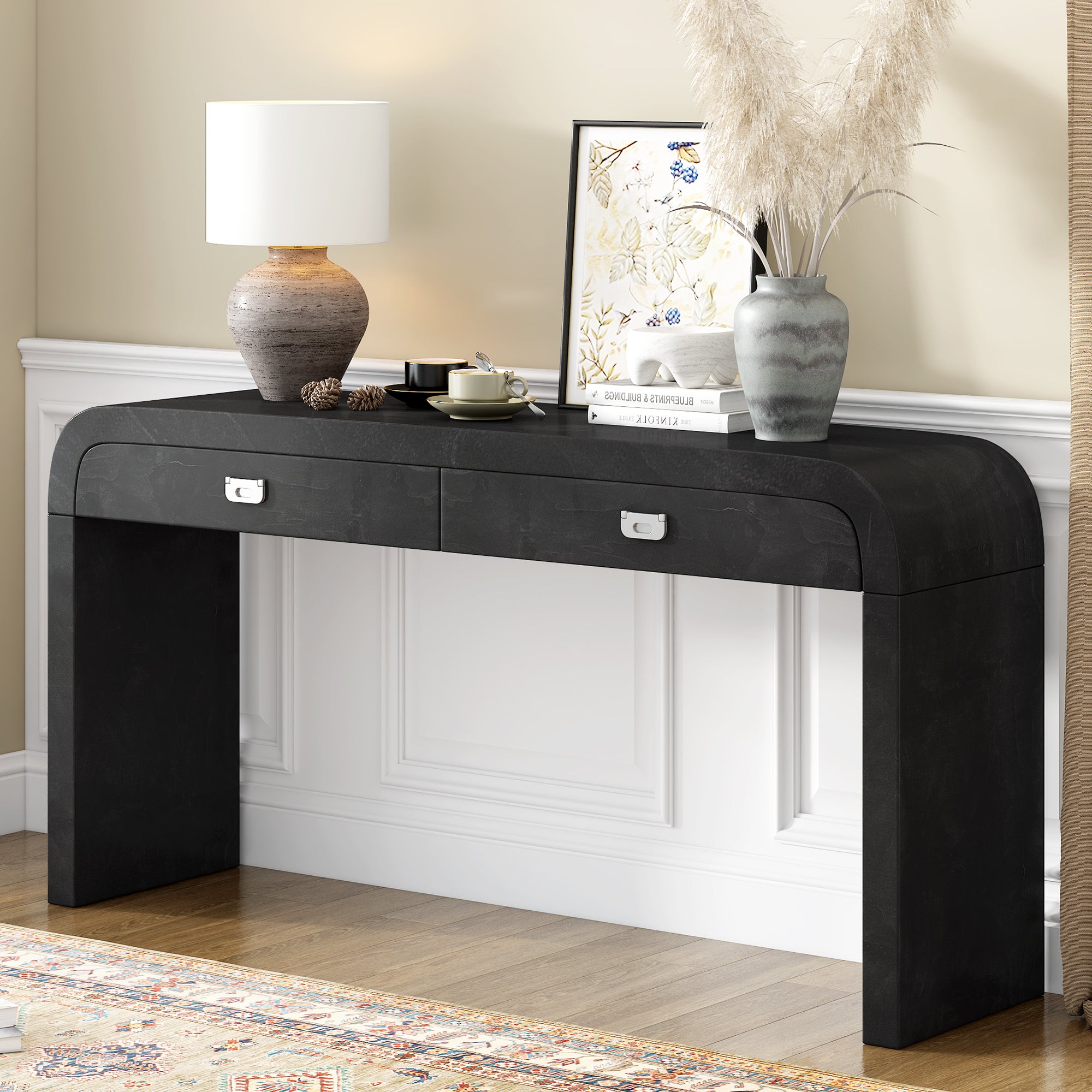 60''Wooden Entryway Table with Burl Veneer, Console Table with 2 Large Drawers and Metal Handles,Multi-Functional Sofa Table with 2 Sturdy Legs,Suitable for Living Room, Foyer,Hallway, Office