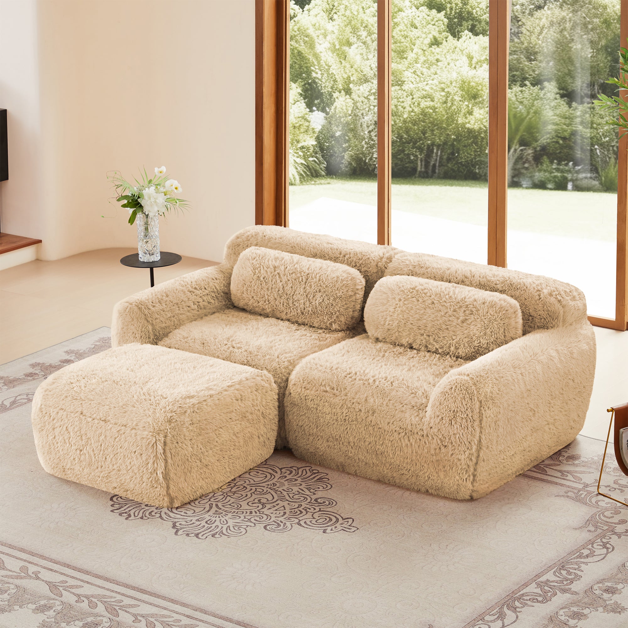 Durham Plush L-Shaped Sofa with Chaise and High-Density Sponge Light Khaki