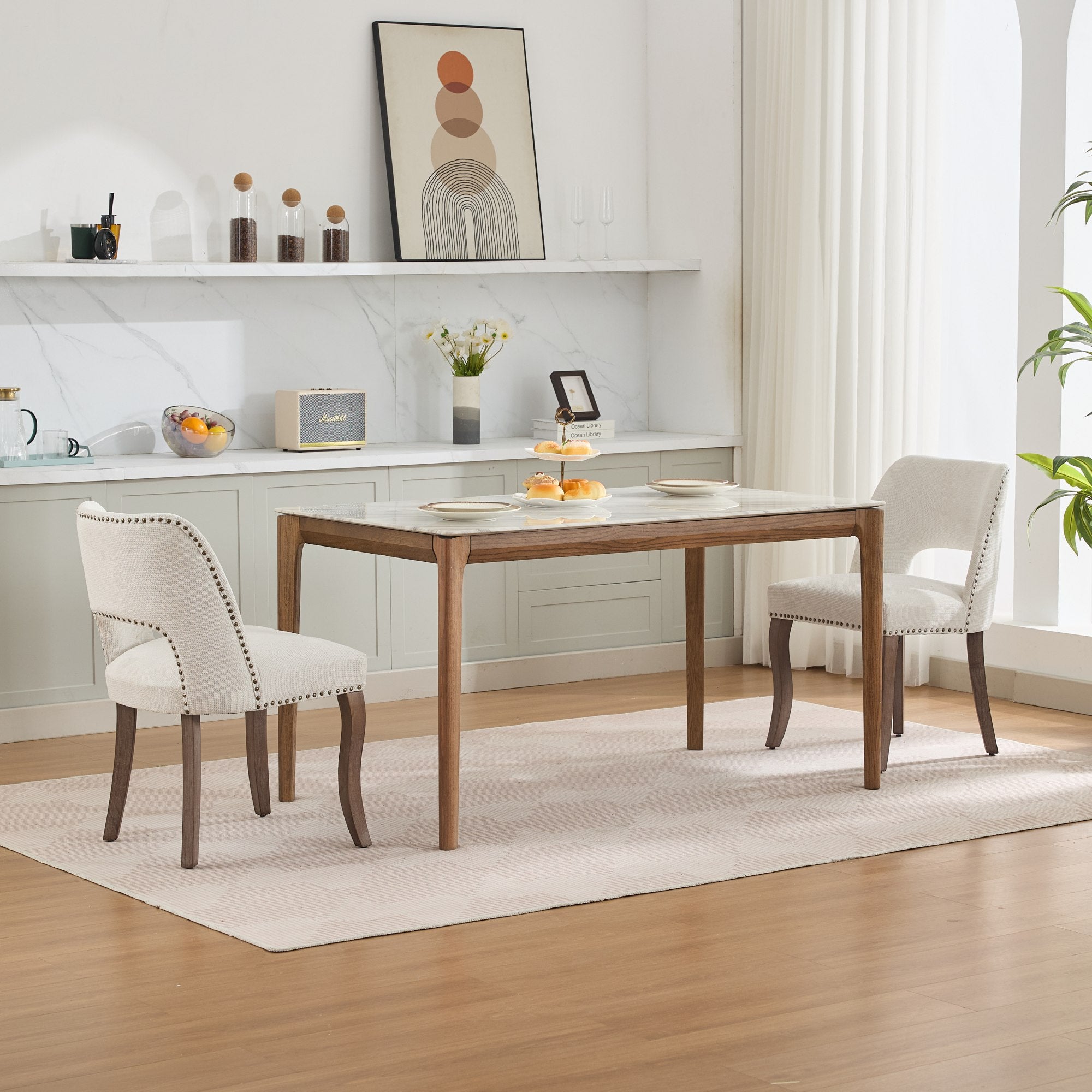 Tiberis Modern Fabric Upholstered Dining Chair Set of 2 Wood Frame
