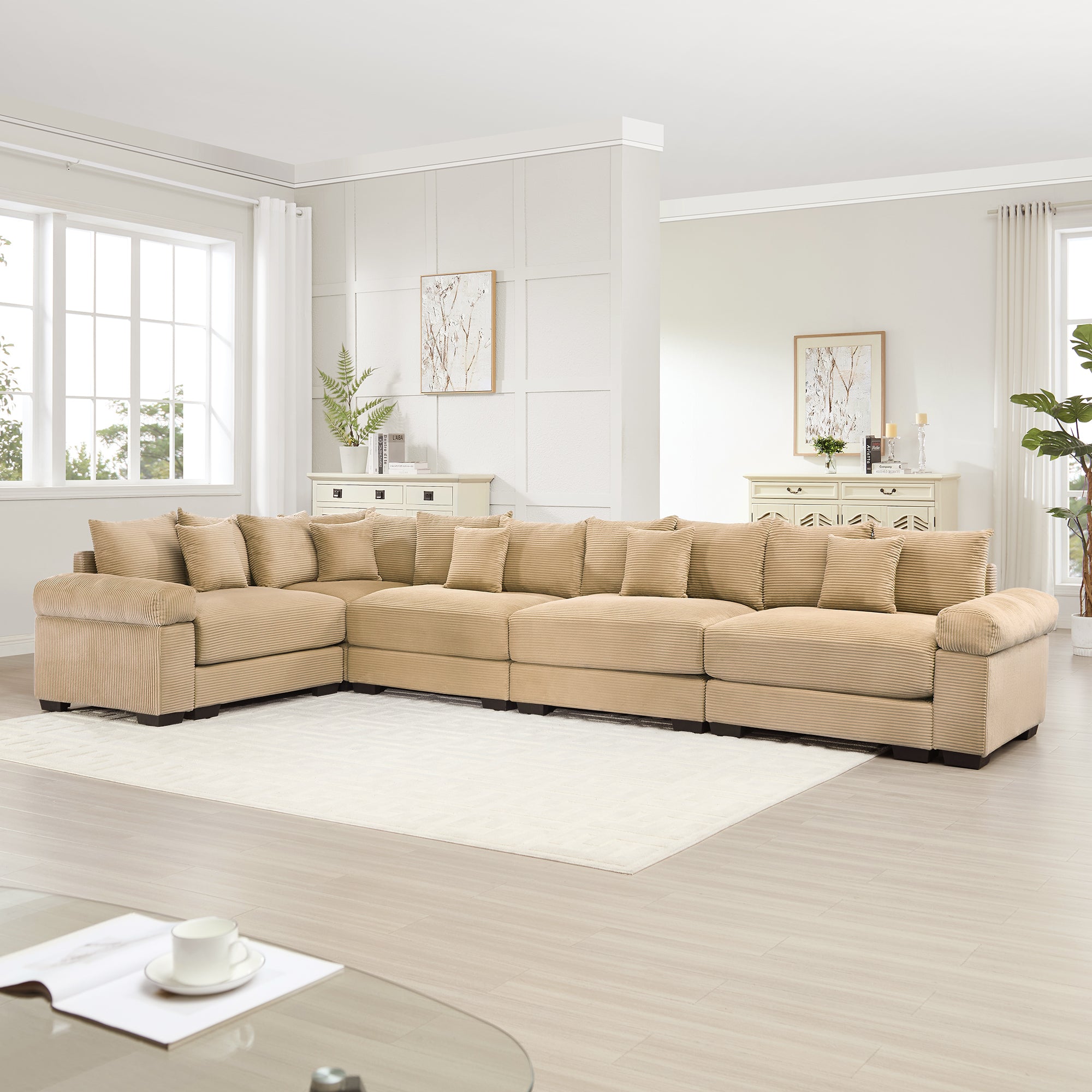 Albany 155" Modular Corduroy Oversized Cloud L-Shaped Sectional Sofa with Ottoman