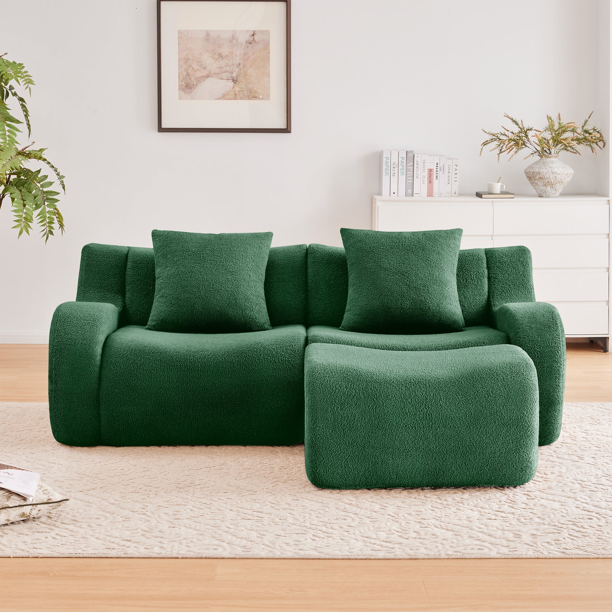 Chico 83" Modular Teddy Fabric L-Shaped Loveseat Sofa with Movable Ottoman