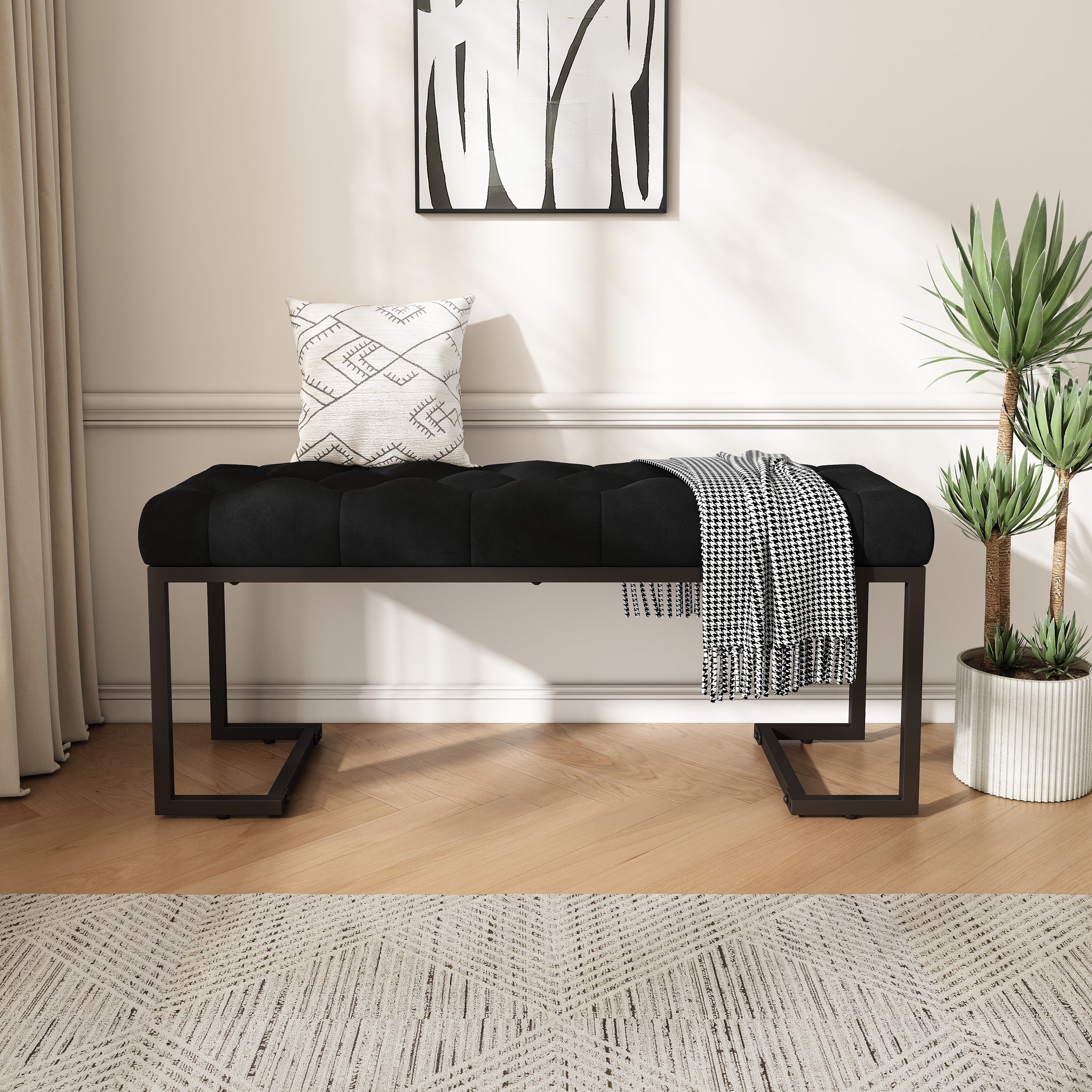 Upholstered Button Tufted Bench,Black and Bronze
