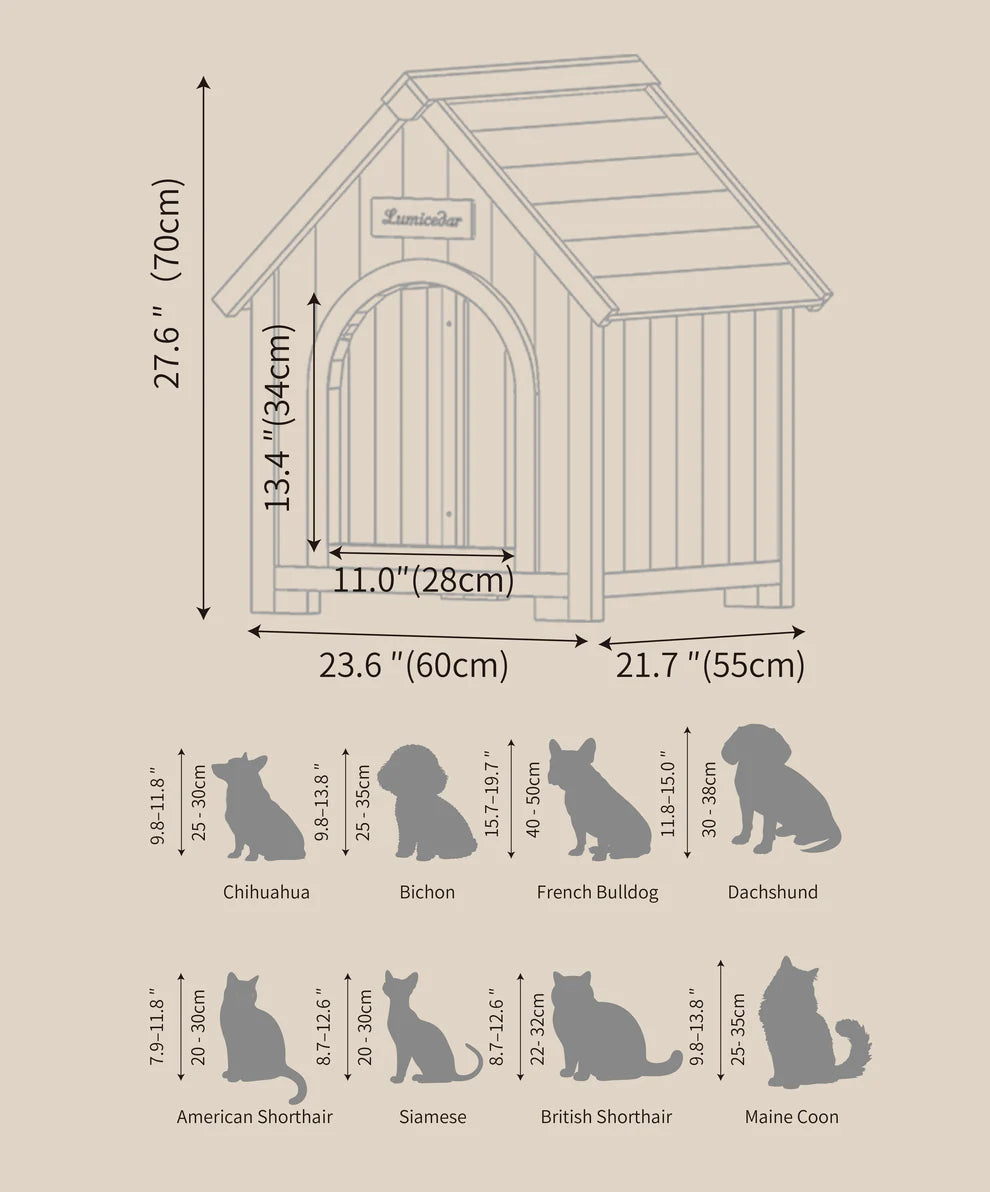 Homy Casa FSC Solid Cedar Pet House, 23.6" x 21.7" x 27.6", Indoor Cabin Shelter for Small Dogs & Cats, Cream Yellow
