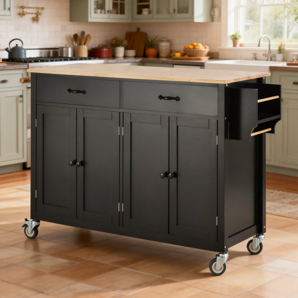Sicily 54.3" Solid Wood Top Rolling Kitchen Island Cart with 4-Door Cabinet