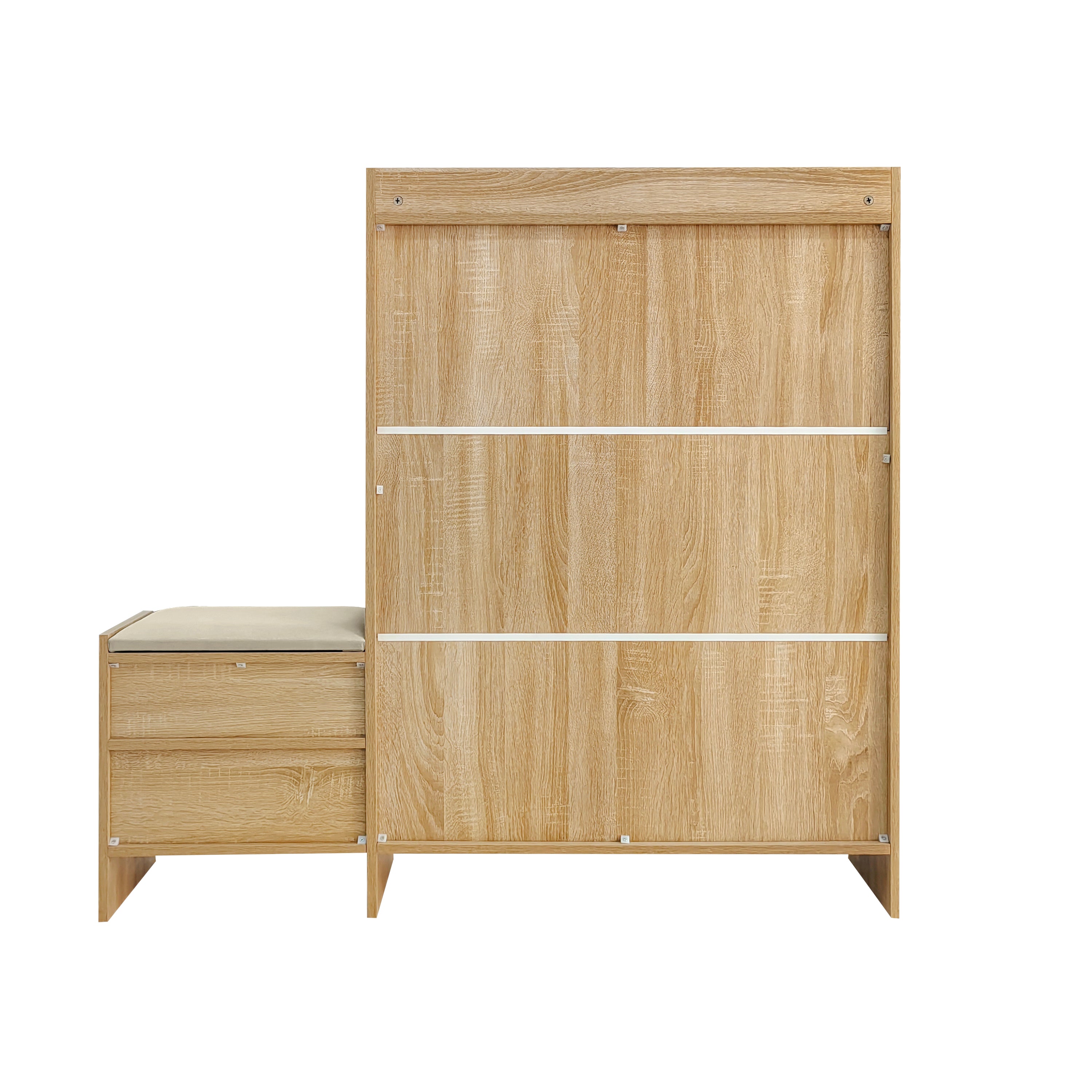 Willow Rattan Shoe Storage Cabinet with Flip Drawers & Bench, Natural Wood Finish