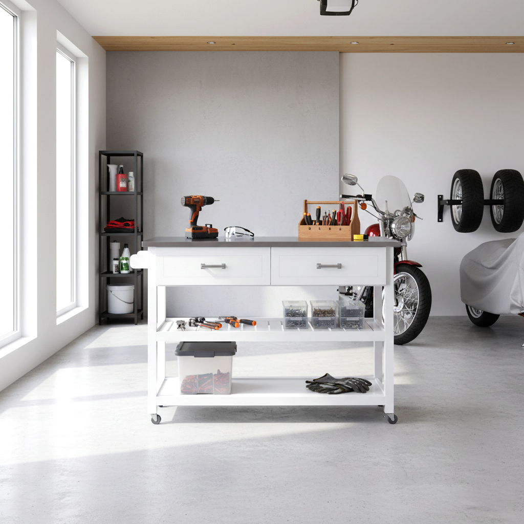 Homy Casa Stainless Steel Table Top White Kicthen Cart With Two Drawers