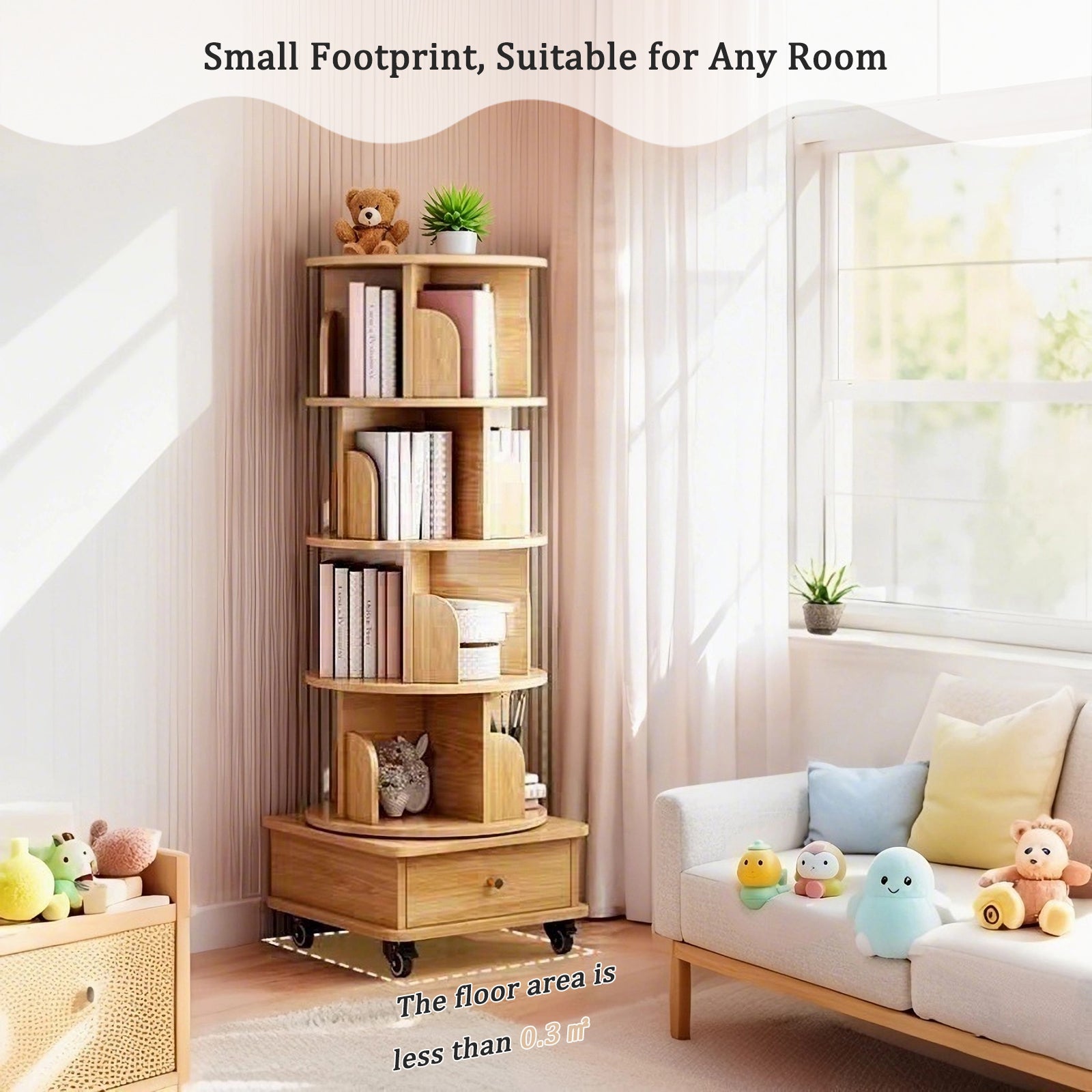 Sophia 5 Tier Rotating Bookshelf Display Stand with Drawer and Wheels