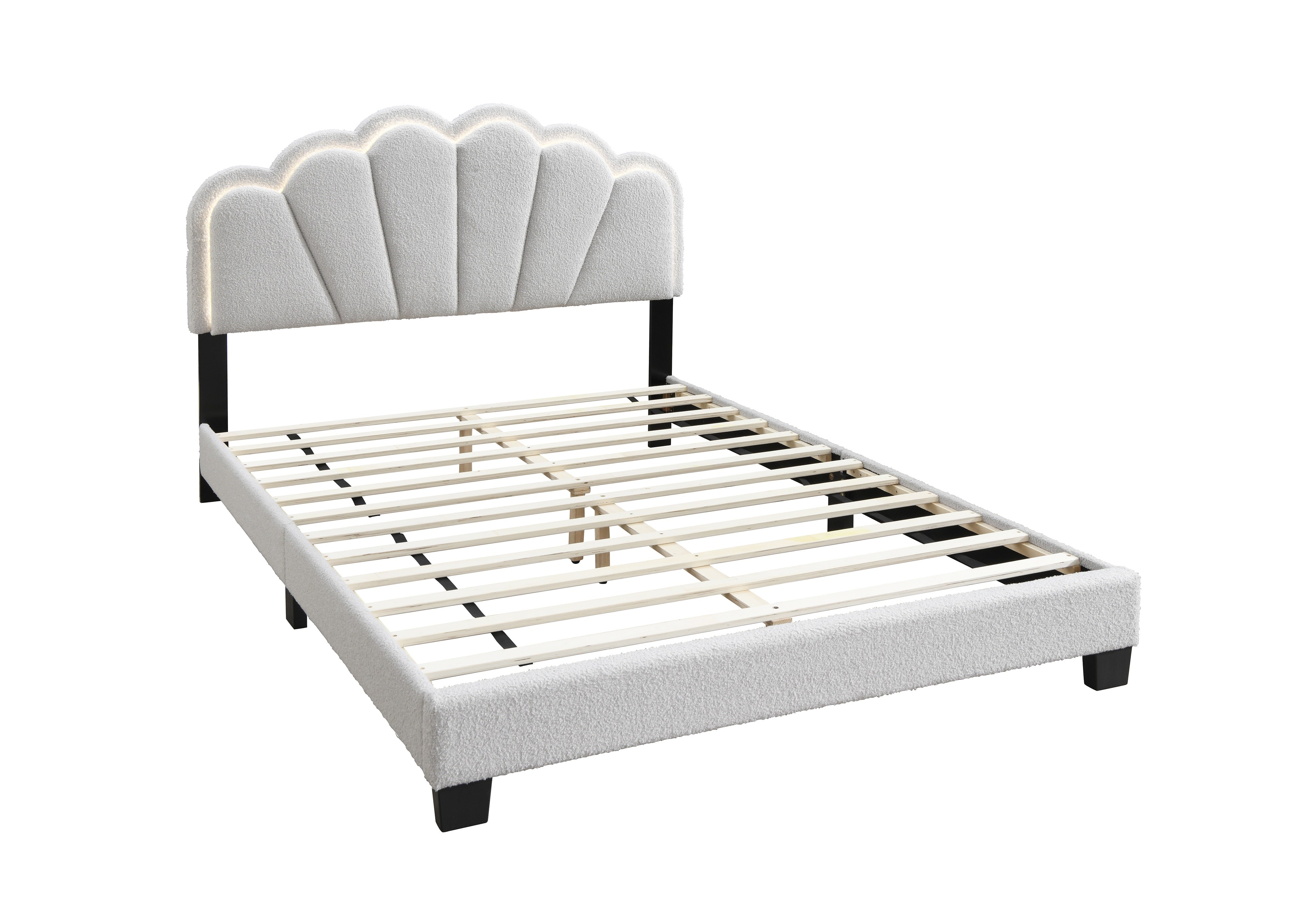 White 1pc Queen Size Bed Wool Fabric Floral Design Headboard w LED Fully Upholstered Platform Bedframe