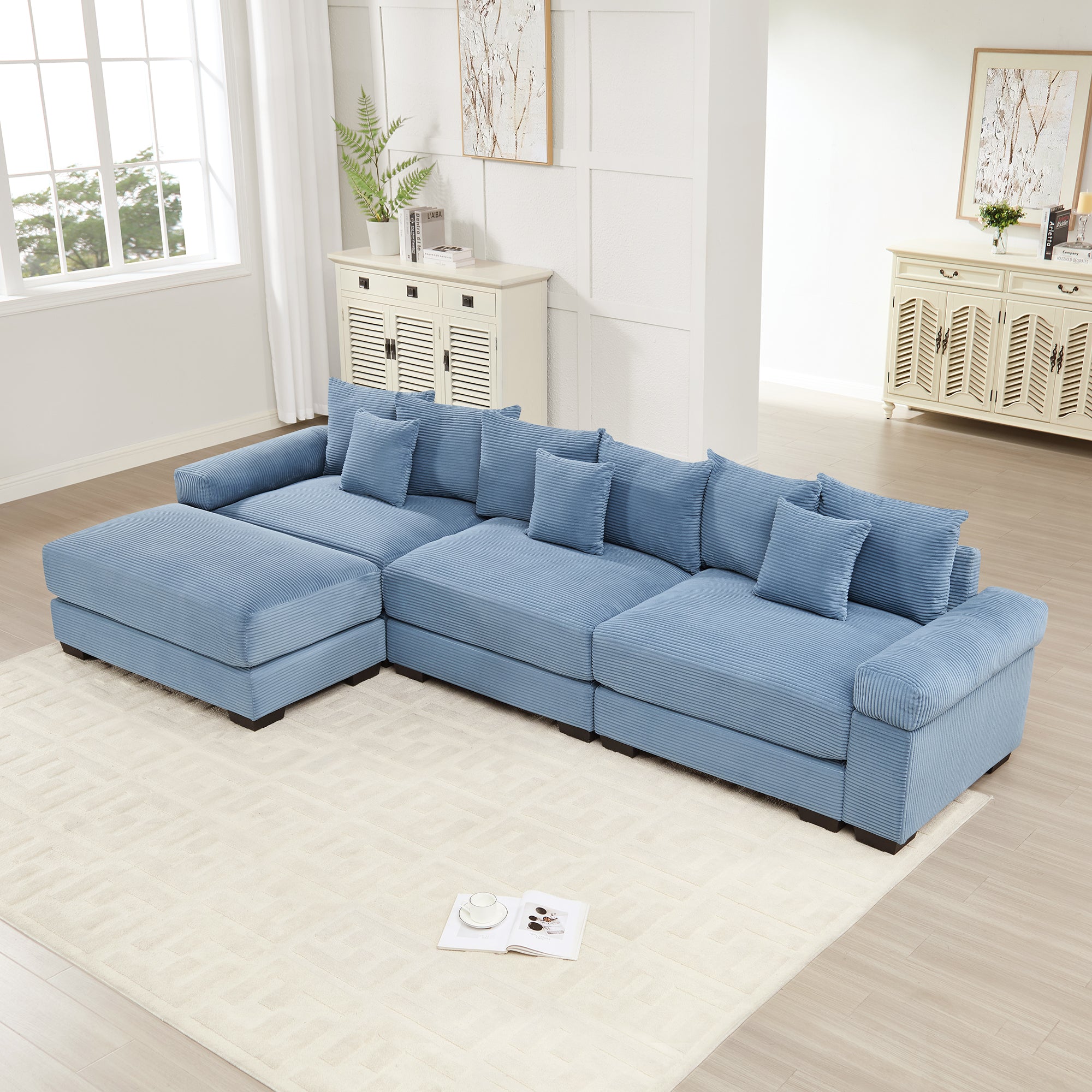 Albany 130" Modular Corduroy Oversized Cloud L-Shaped Sectional Sofa with Ottoman