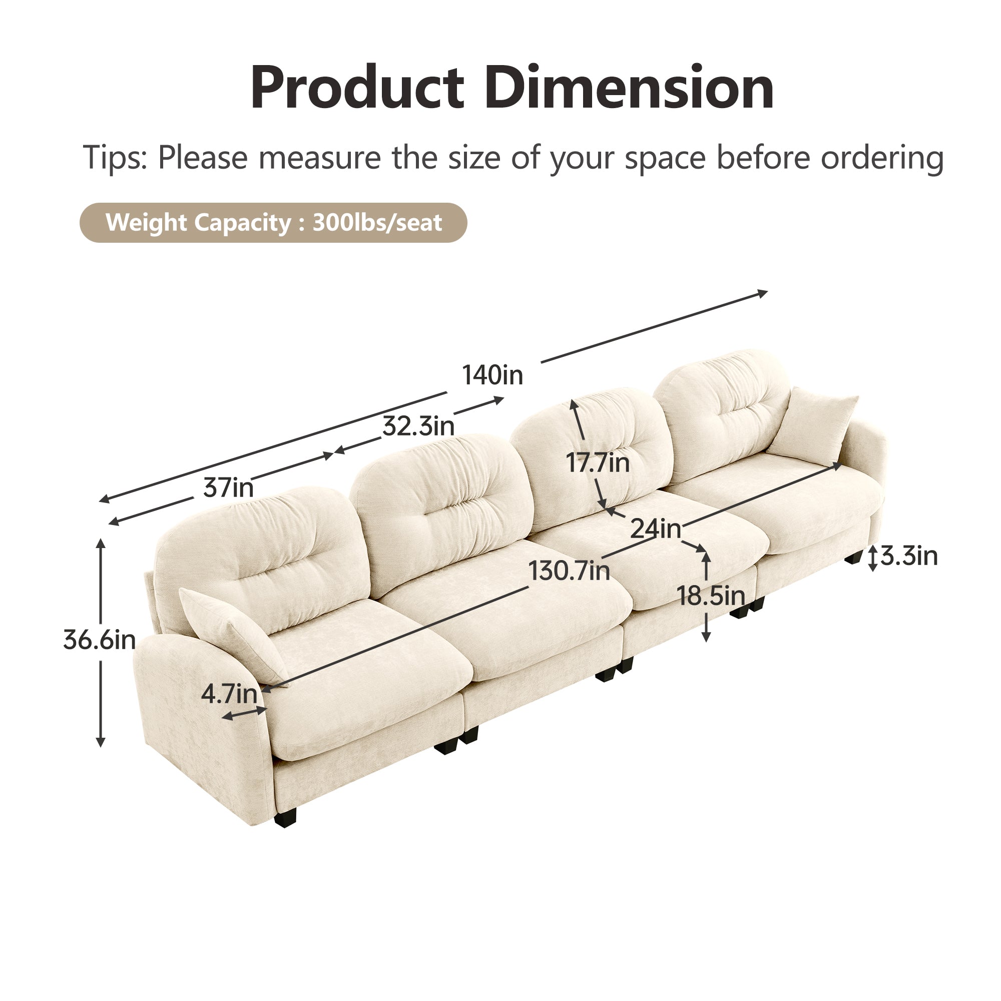 Roselyn 140" Modular Chenille Cloud 4-Seater Sofa with Tufted Cushion Backrest and  Pillows