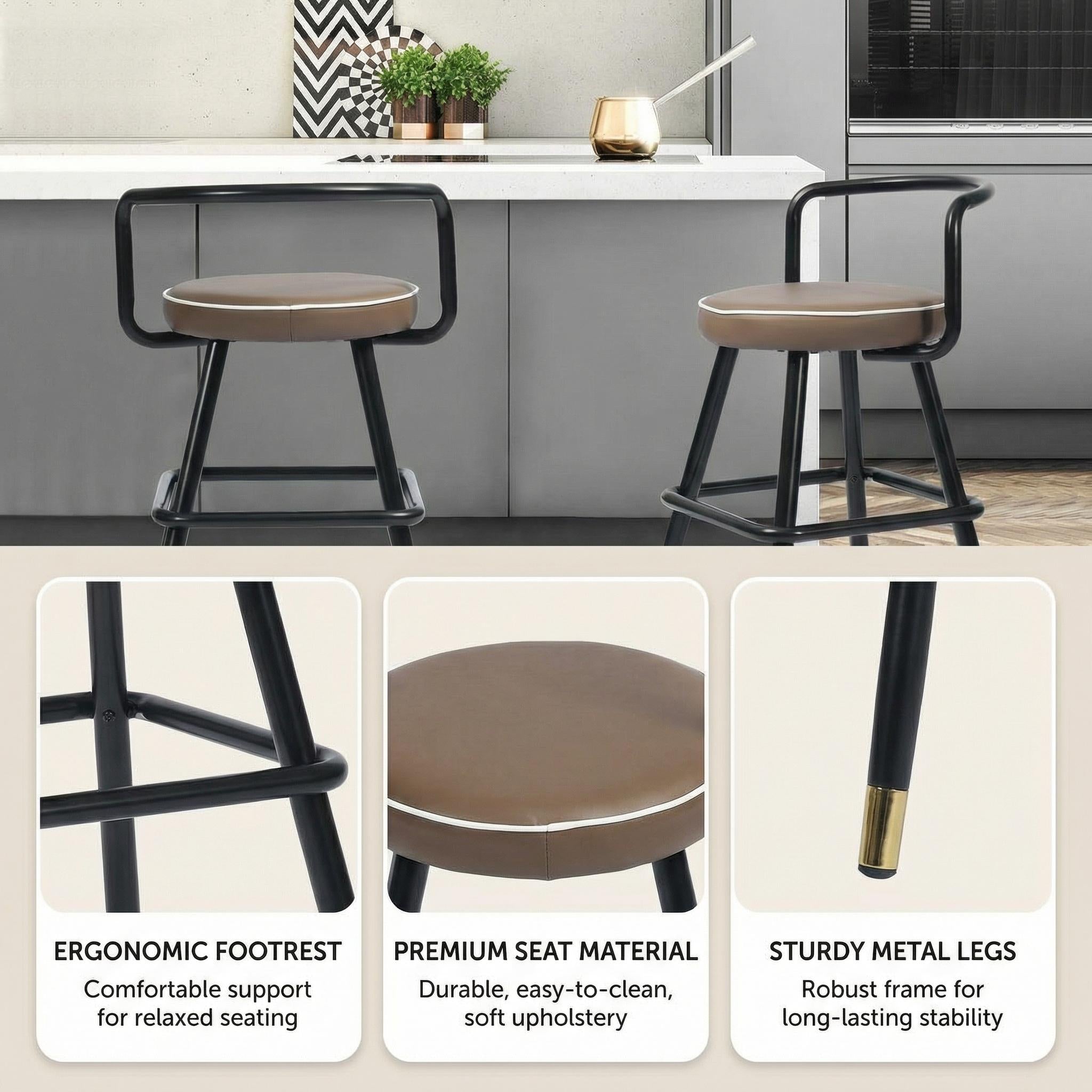 Homy Casa Ballon 2PC Modern PU Counter Bar Stools, Latte Black Metal Legs