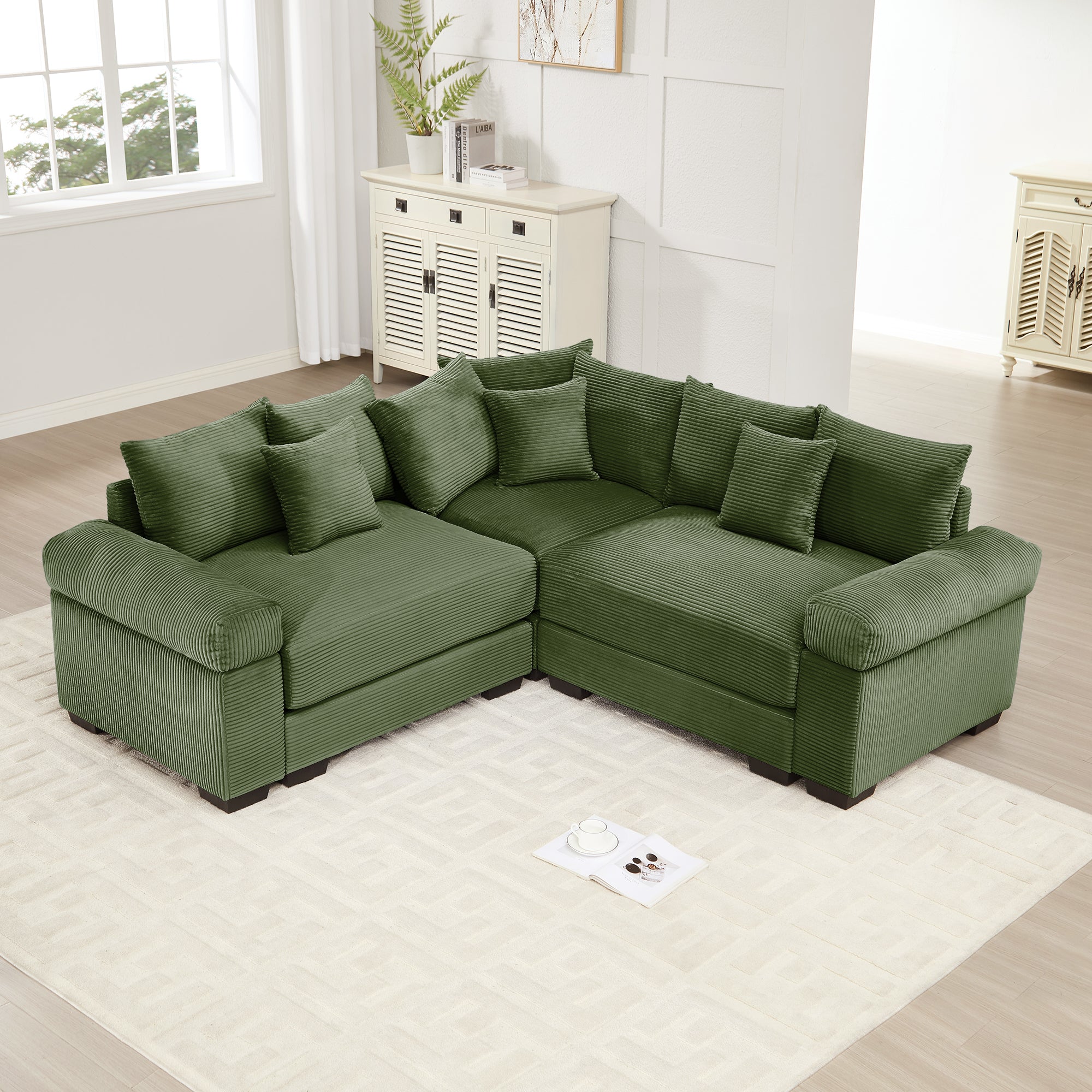 Albany 79" 3 Pieces Corduroy Modular Corner Sectional Sofa with Ottoman, Green