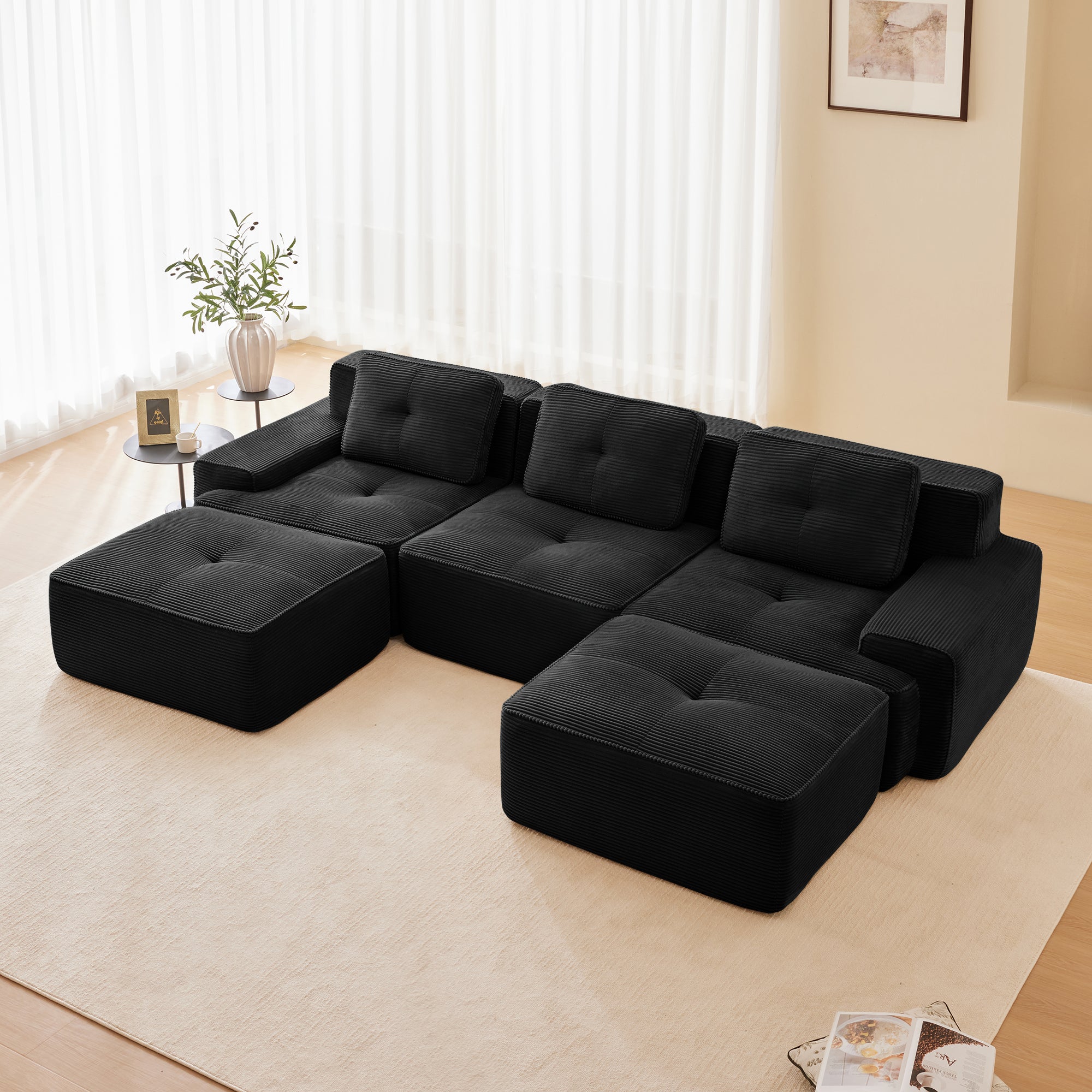 Racine 117" Modular Corduroy Fabric U-Shaped Sectional Sofa with Deep Seat and Movable Ottoman