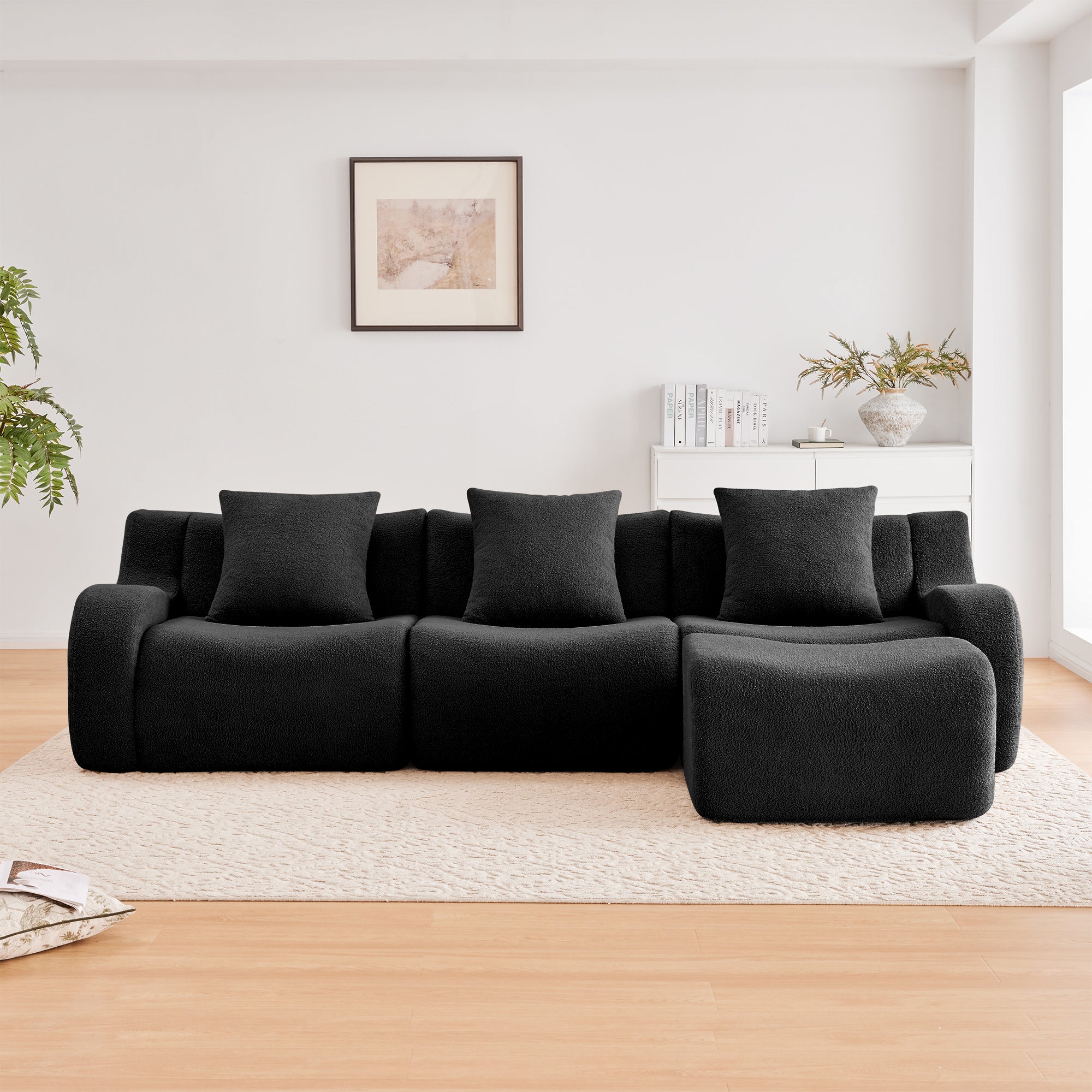 Chico 115" Modular Teddy Fabric L-Shaped Sofa with Curved Armrests and Movable Ottoman