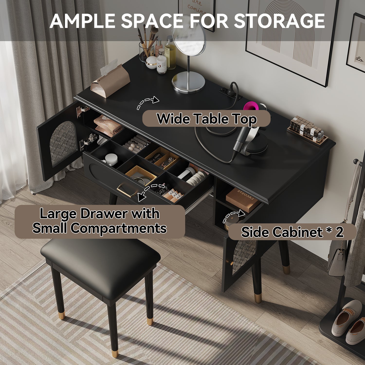 Elegant Vanity Makeup Table & Chair Set, Modern Dressing Table with Organizer, Writing Desk, Charging Port, Black