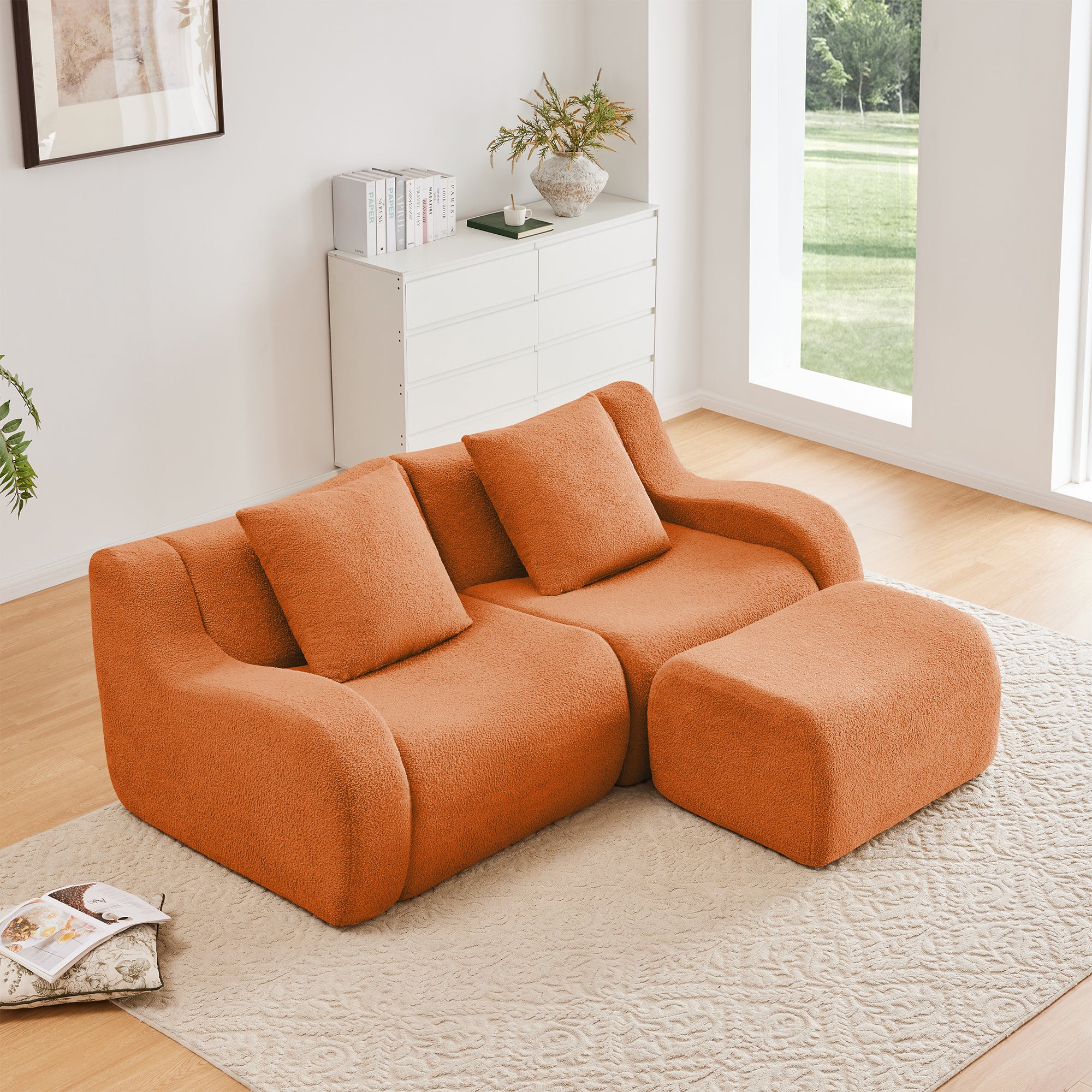 Chico 83" Modular Teddy Fabric L-Shaped Loveseat Sofa with Movable Ottoman