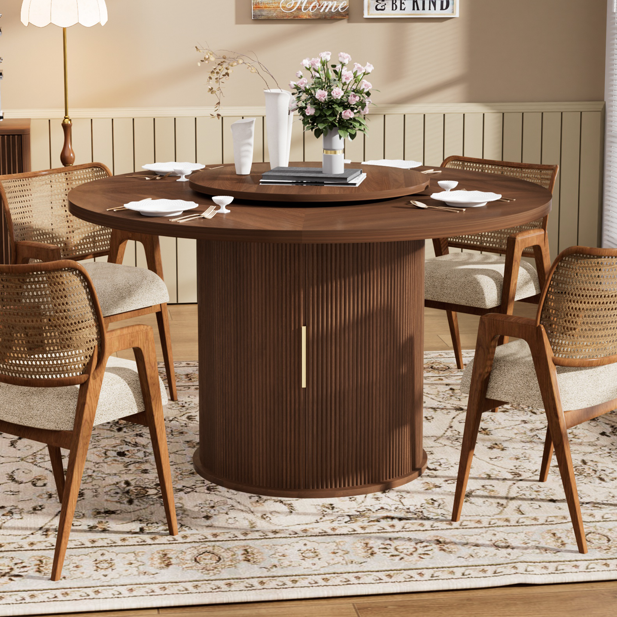 Ganges 55" Walnut Round Dining Table with Storage Rack and Rotating Tray