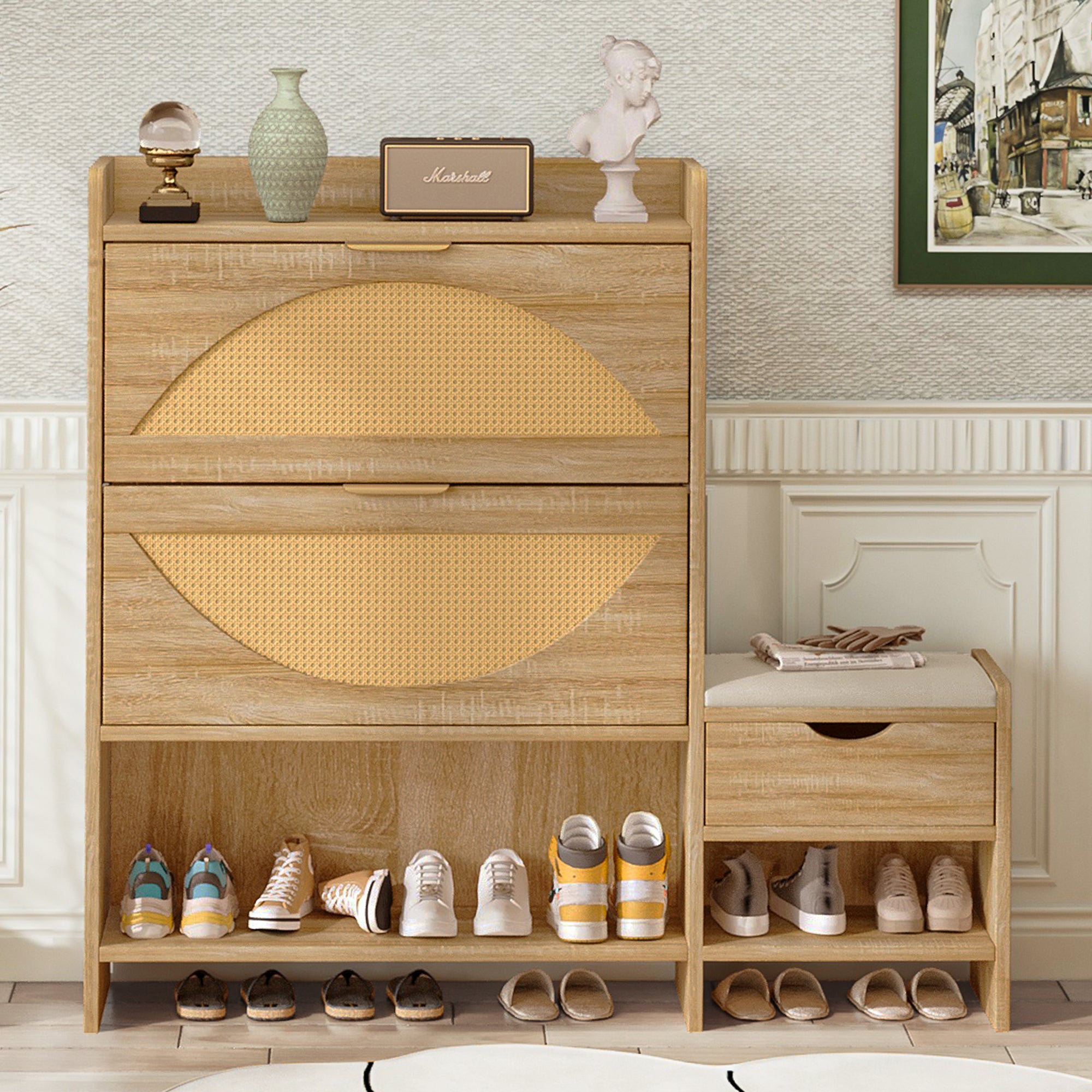 Willow Rattan Shoe Storage Cabinet with Flip Drawers & Bench, Natural Wood Finish