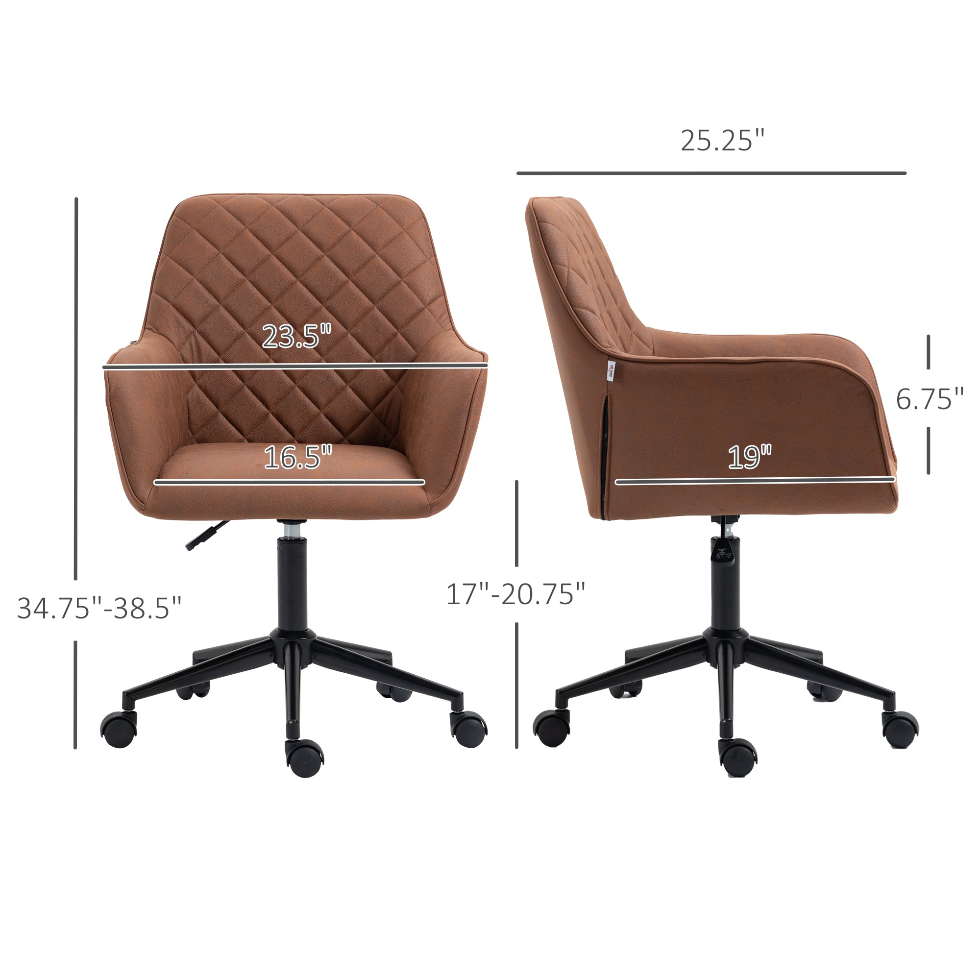 Mid Back Modern Home Office Chair Swivel Computer Desk Chair with Adjustable Height, Microfiber Cloth, Diamond Line Design, and Padded Armrests, Brown