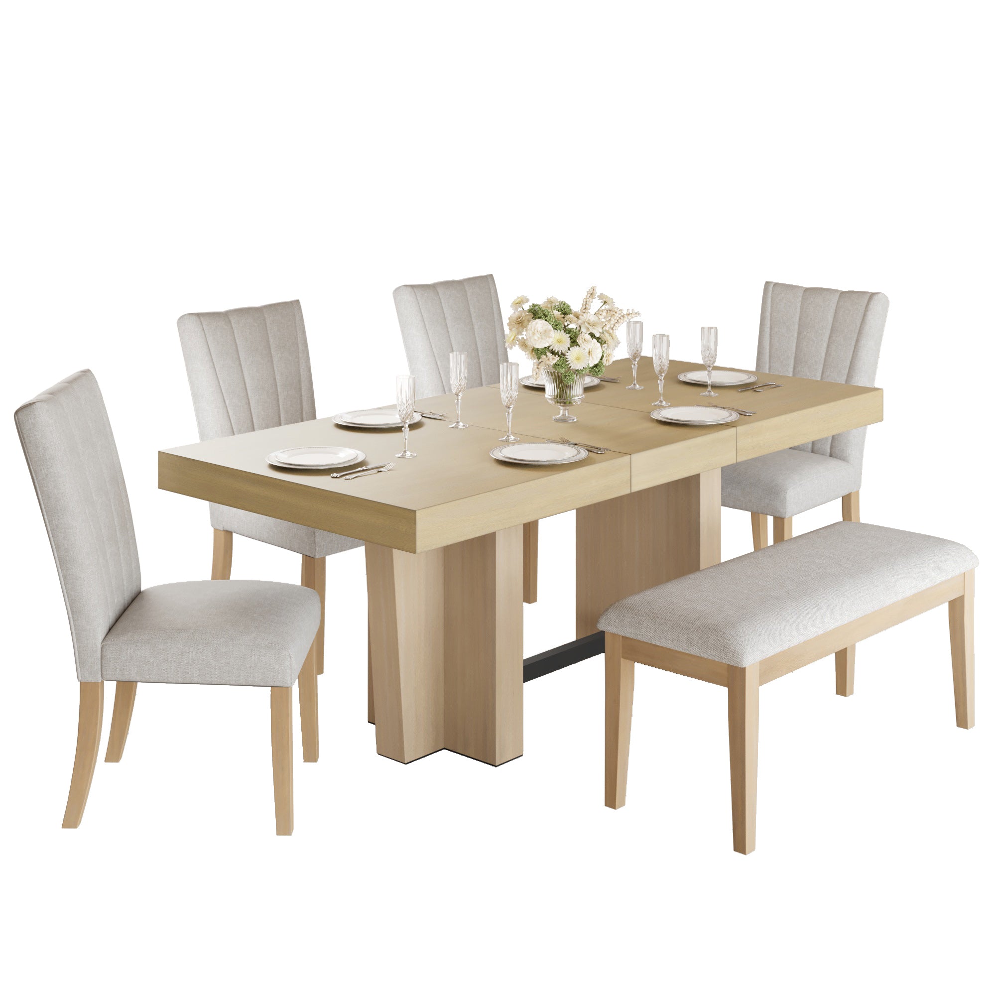 Batur 78" Farmhouse Wood Extendable Dining Table Set with Bench