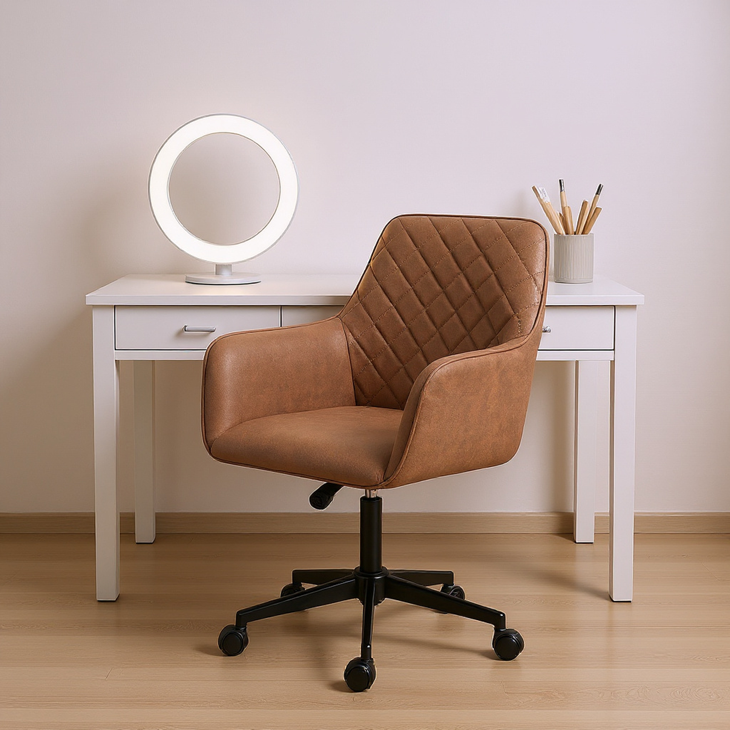Mid Back Modern Home Office Chair Swivel Computer Desk Chair with Adjustable Height, Microfiber Cloth, Diamond Line Design, and Padded Armrests, Brown