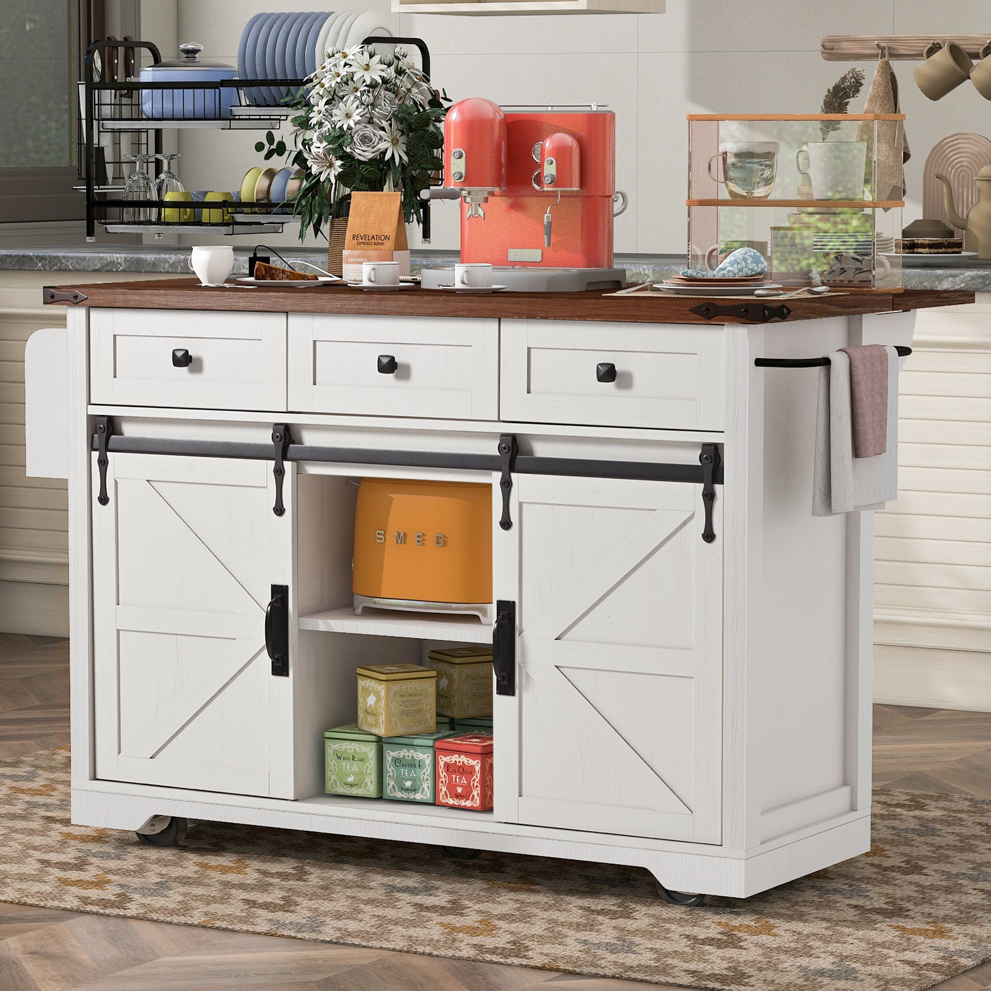53.7' Farmhouse Kitchen Island with Power Outlet, 2 Sliding Barn Door Kitchen Storage Island with Drop Leaf, Spice Rack Rolling Kitchen Cart on Wheels, for Home, Kitchen and Dining Room, White