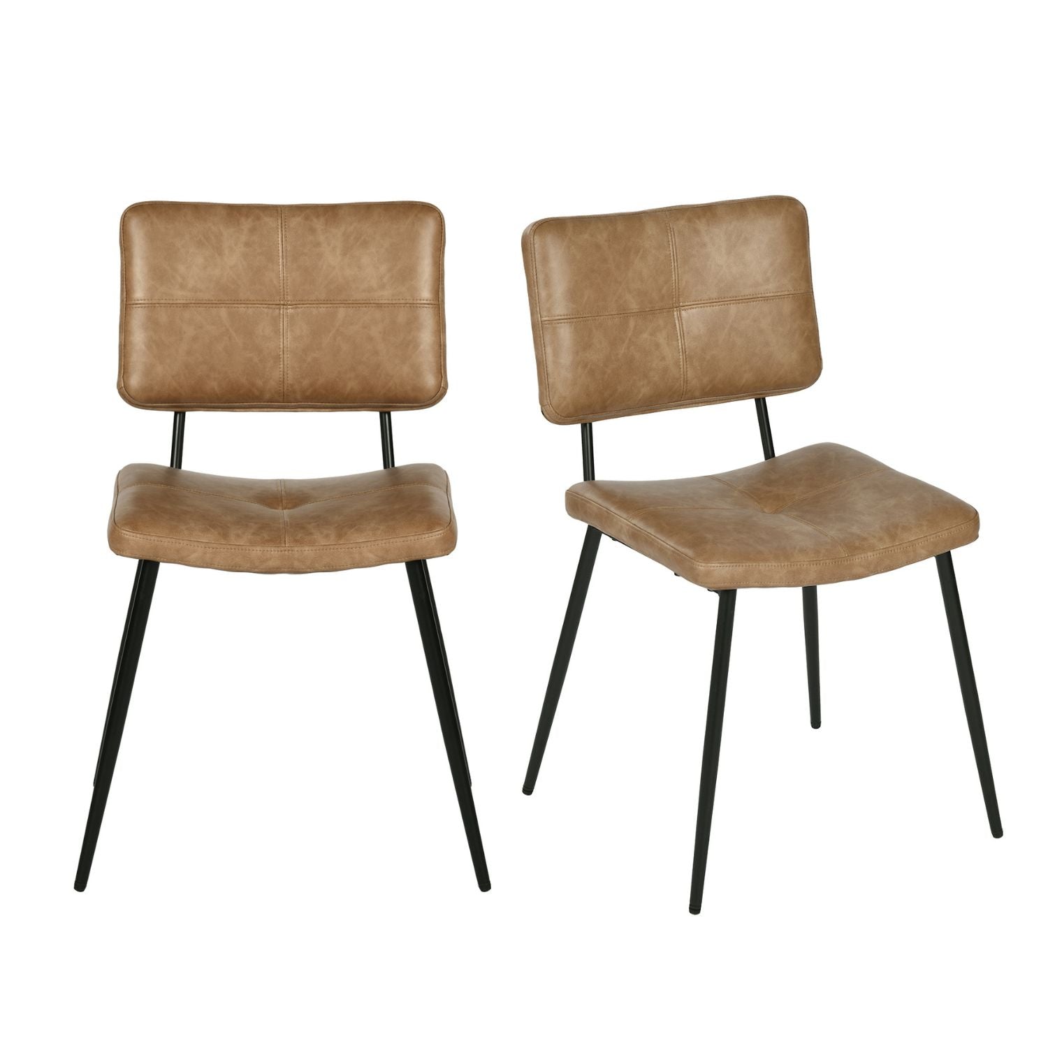 KOM Modern PU Dining Chairs Set of 2, Black Metal Legs, Cognac