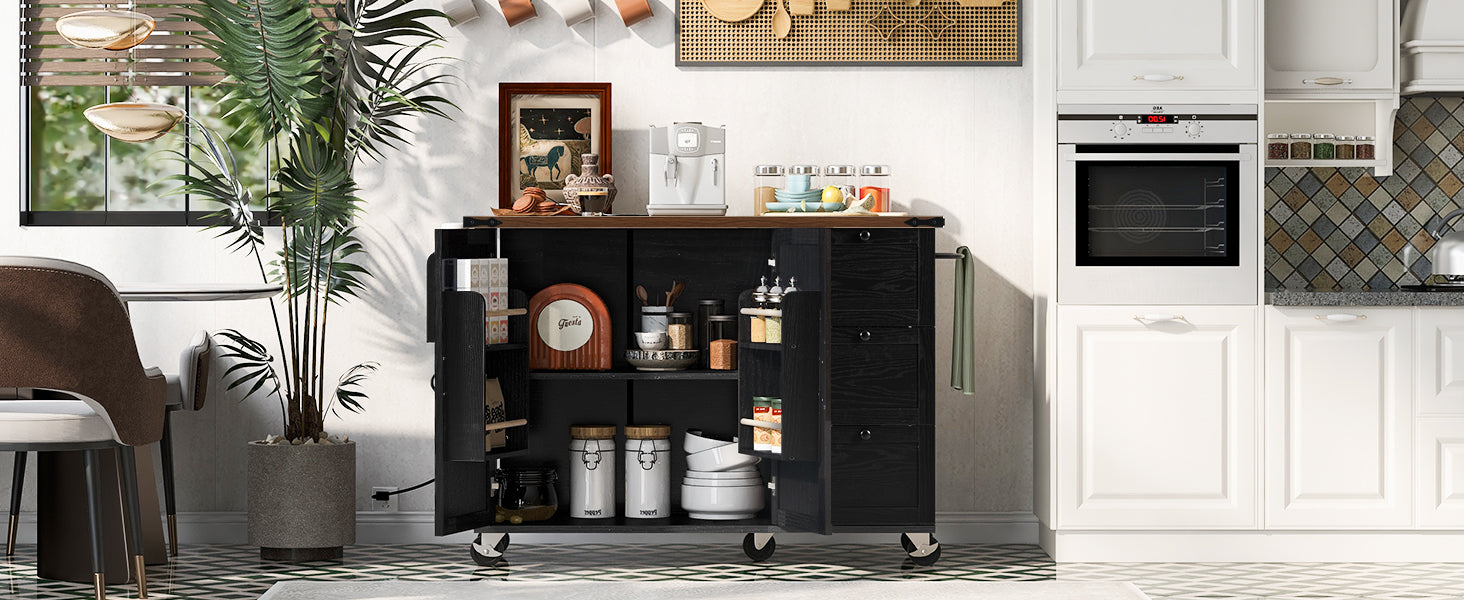 54.5" Farmhouse Kitchen Island with Power Outlet, Kitchen Storage Island  with Internal Storage Rack, Drop Leaf, Spice Rack, Rolling Kitchen Cart on Wheels, for Home, Kitchen and Dining Room,Black