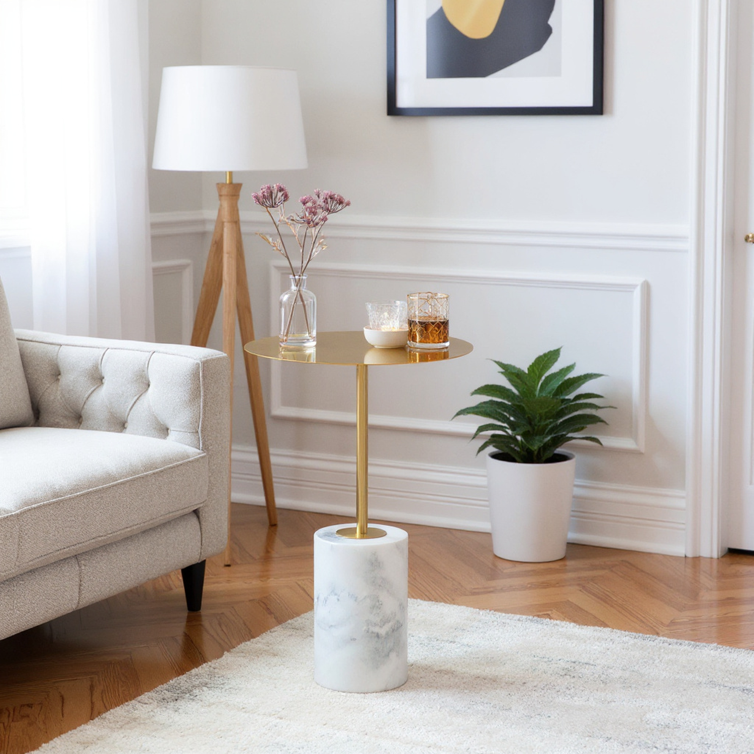 Capri Metal Side Table with White Marble Base