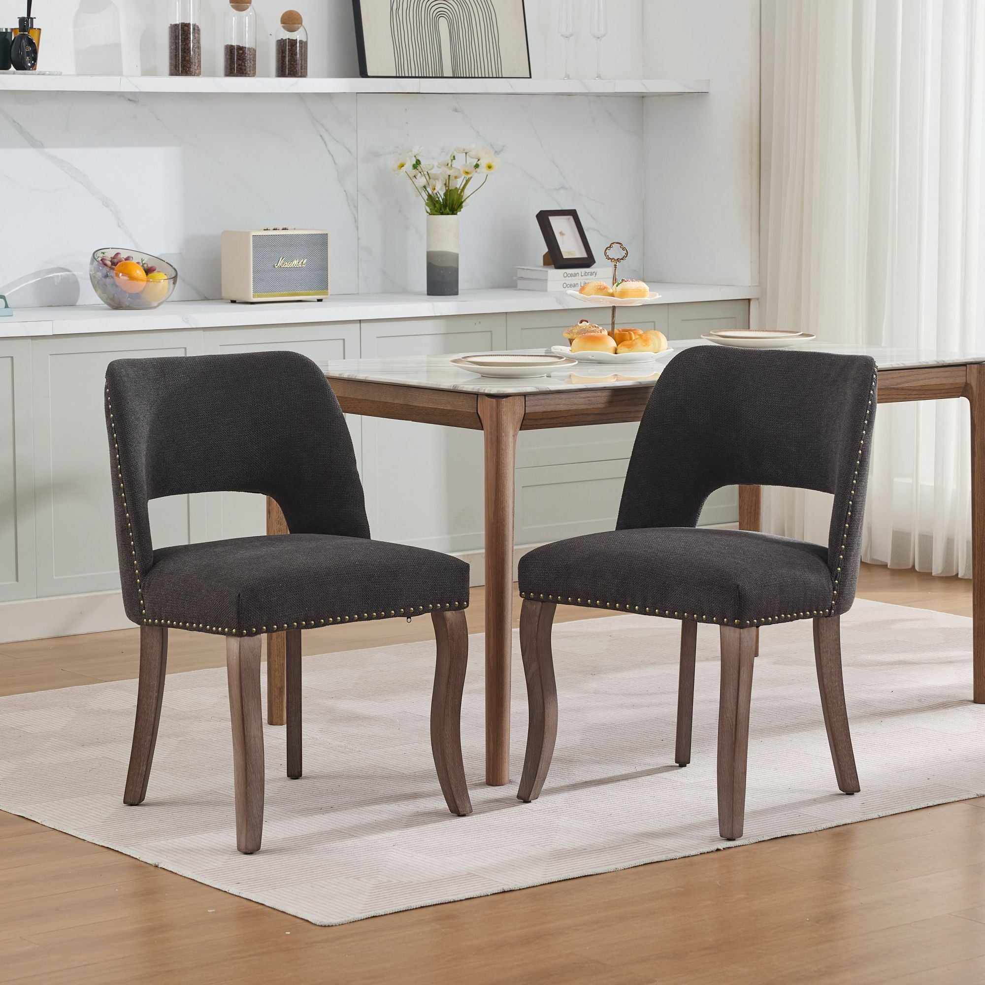 Tiberis Modern Fabric Upholstered Dining Chair Set of 2 Wood Frame