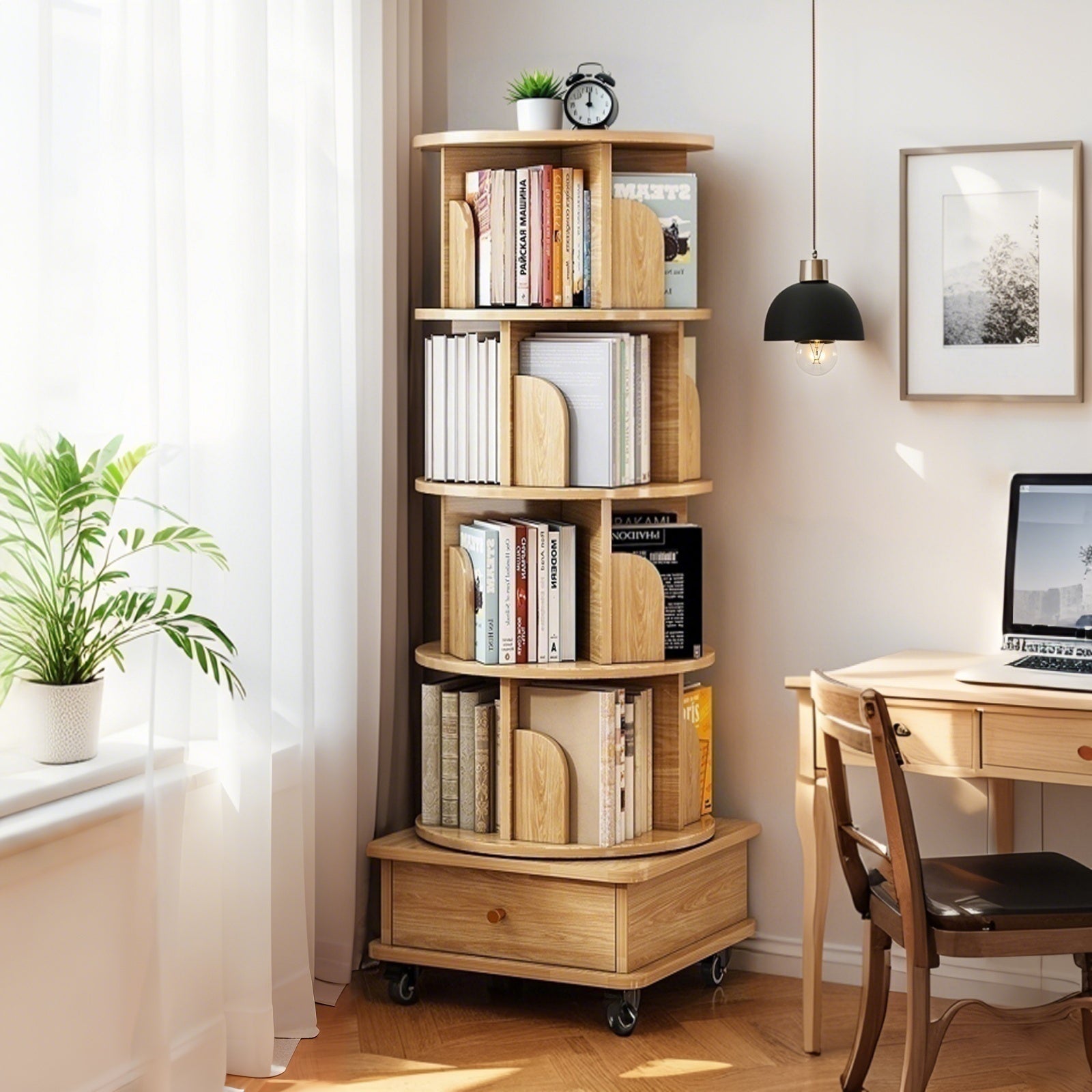 Sophia 5 Tier Rotating Bookshelf Display Stand with Drawer and Wheels