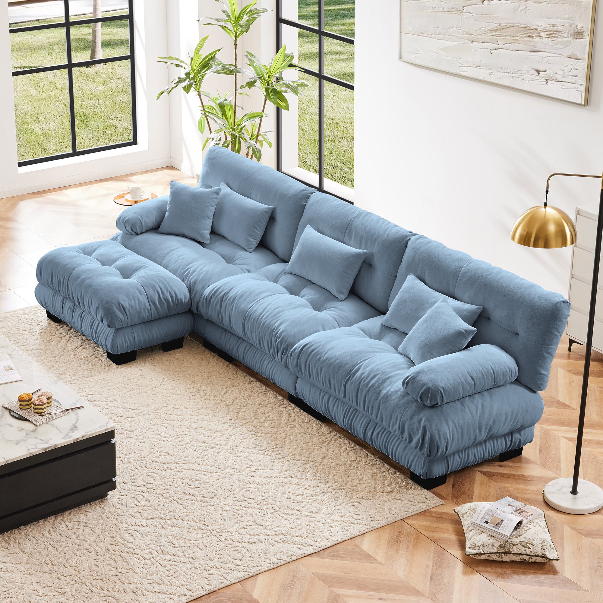 Monterey 134" Modular Chenille Cloud L-Shaped Sectional Sofa with Convertible Ottoman