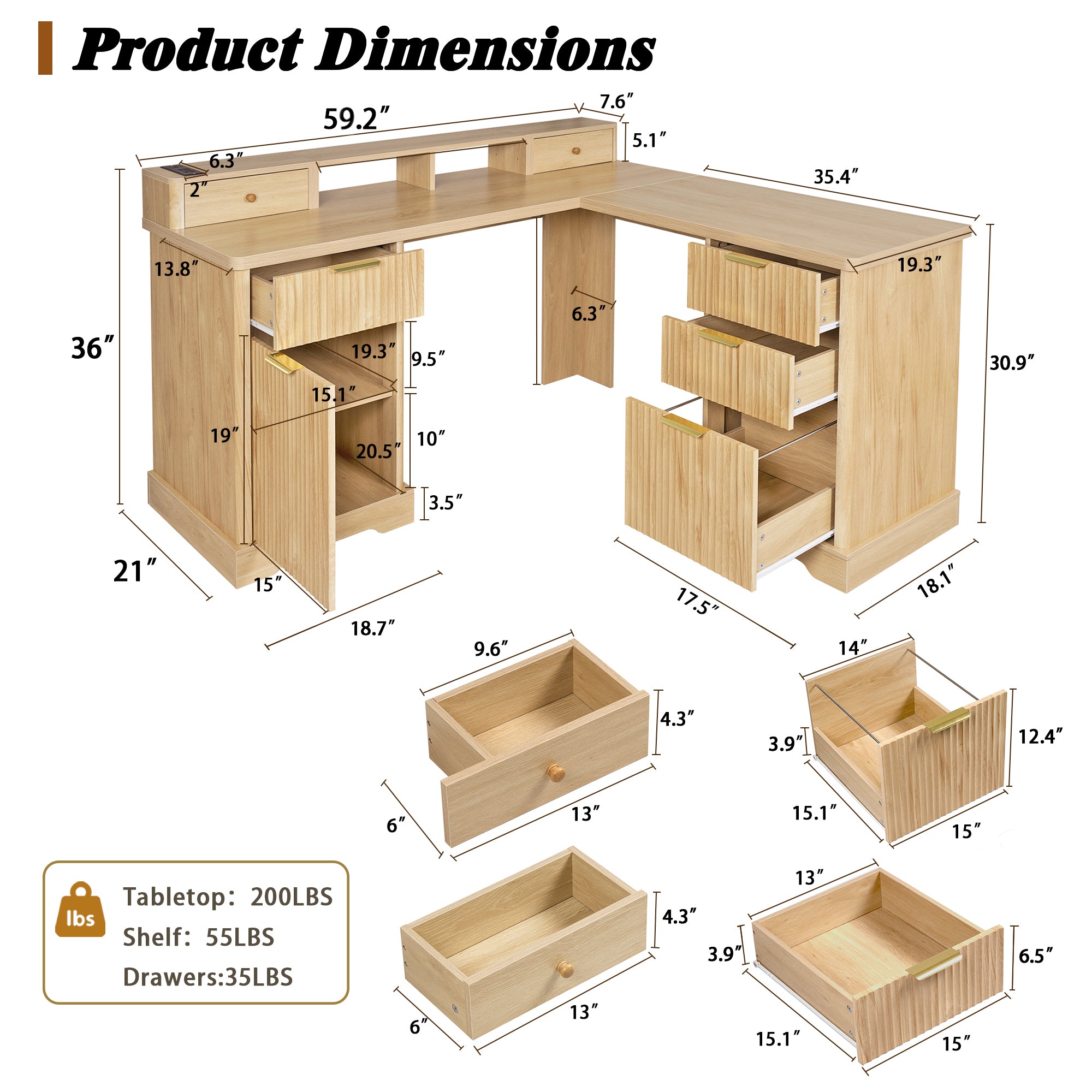 Vexon 59" Modern Fluted L-Shaped Office Desk with Storage Cabinets and Charging Station