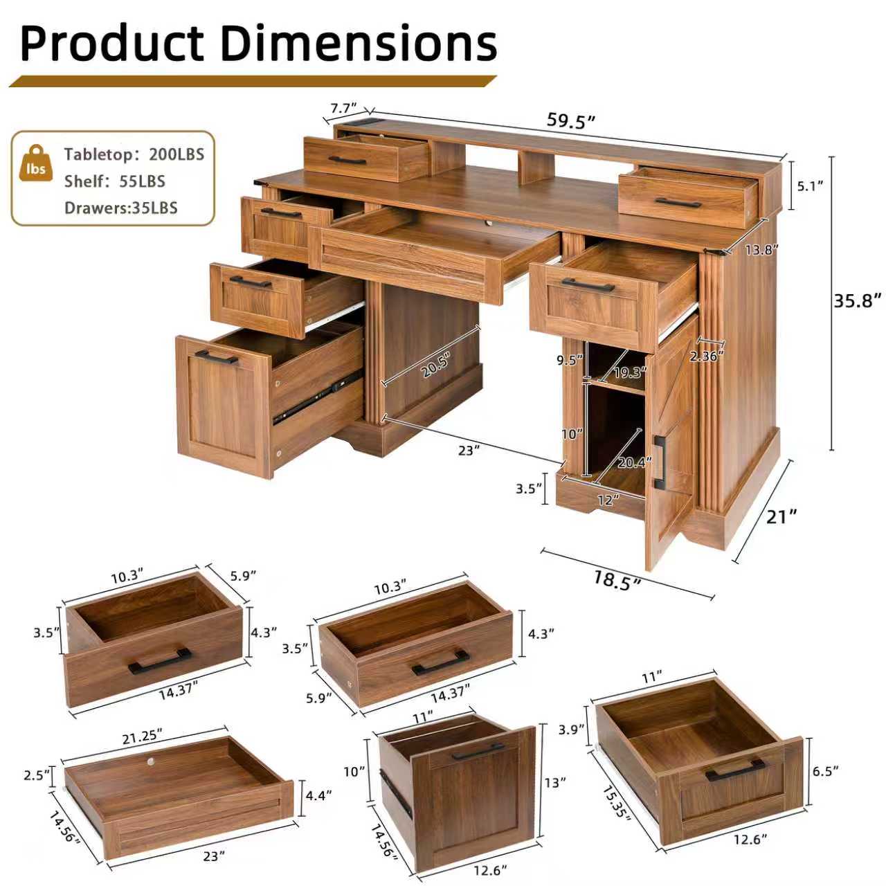 Kova 59" Farmhouse Office Desk with Storage Cabinets and Charging Station