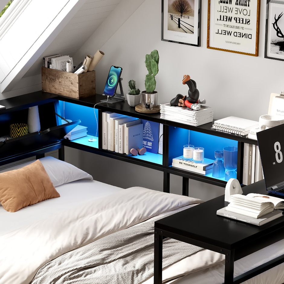 Varda Queen Size Corner bed with Drawers, LED Bookcases and USB Charging Station