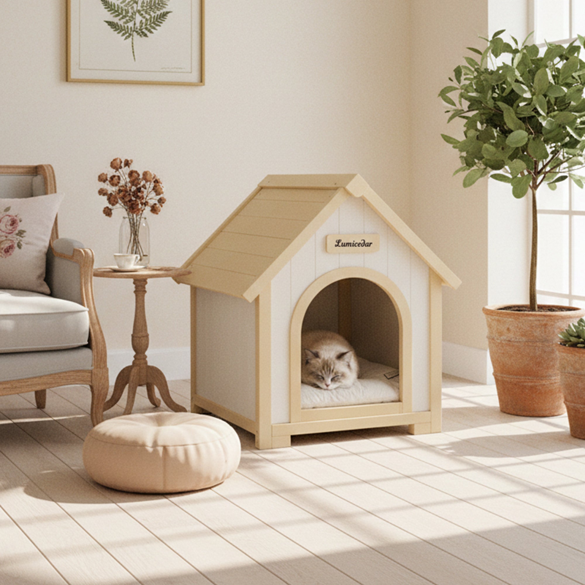 Homy Casa FSC Solid Cedar Pet House, 23.6" x 21.7" x 27.6", Indoor Cabin Shelter for Small Dogs & Cats, Cream Yellow