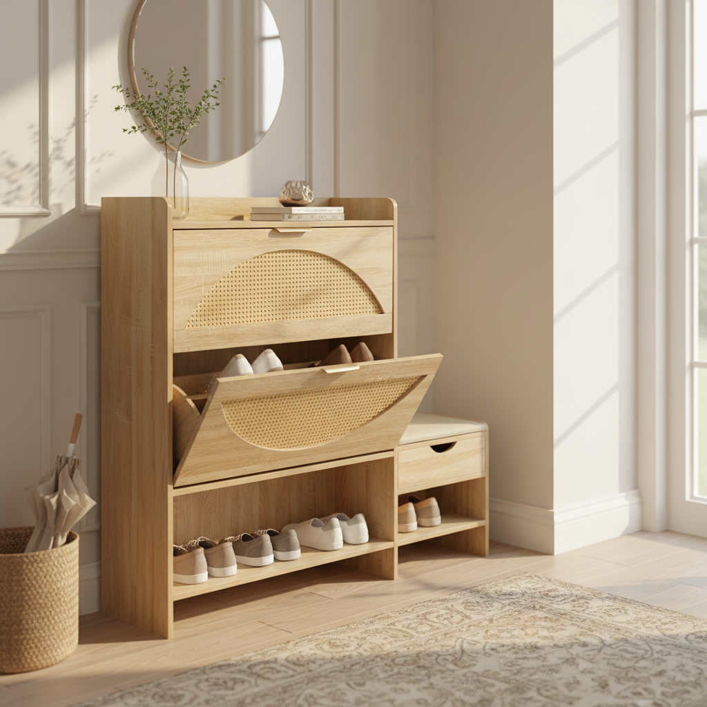 Willow Rattan Shoe Storage Cabinet with Bench