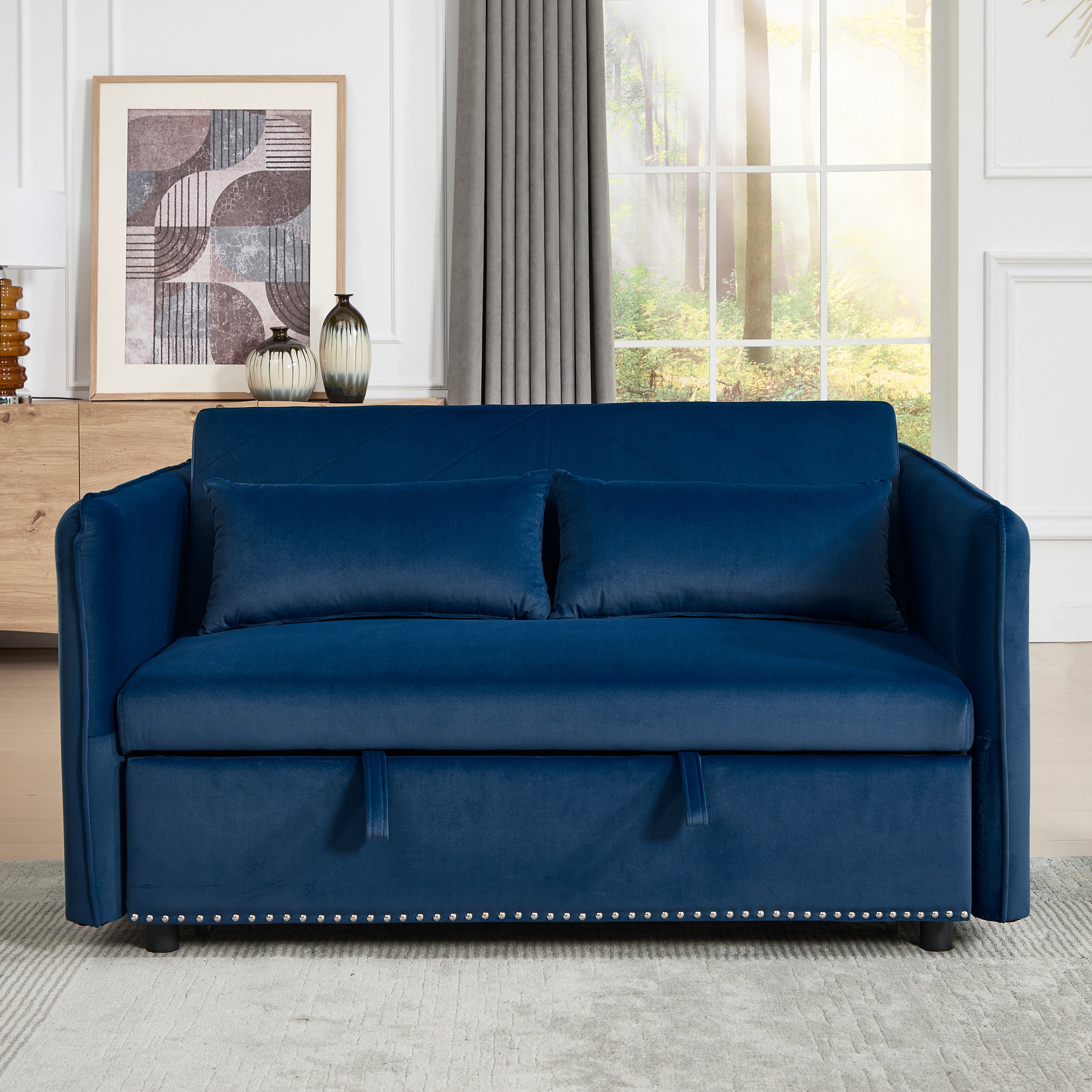 Homy Casa Shreveport 55" Velvet Pull-Out Loveseat Sleeper Sofa Bed with Side Pockets, Blue
