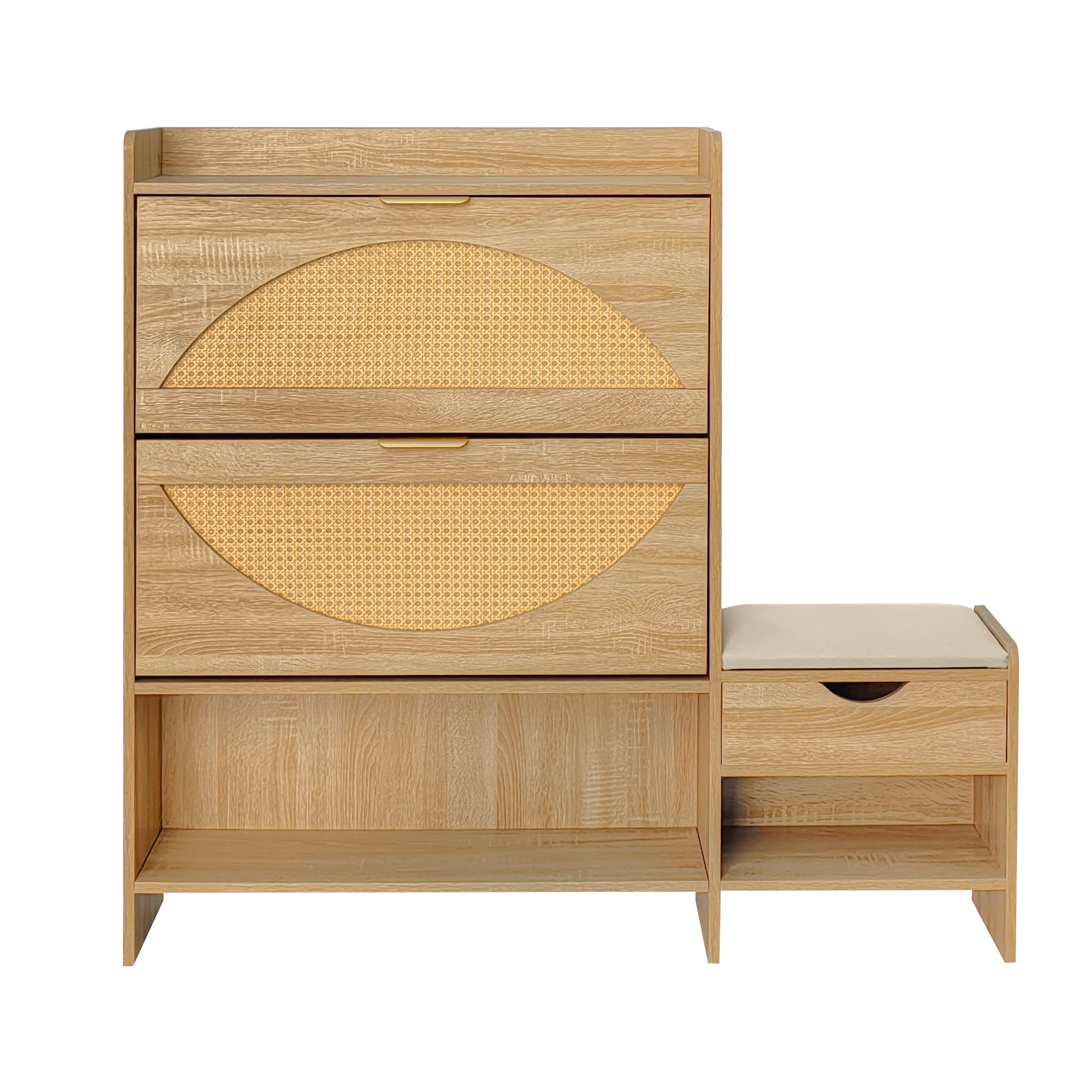 Willow Rattan Shoe Storage Cabinet with Flip Drawers & Bench, Natural Wood Finish