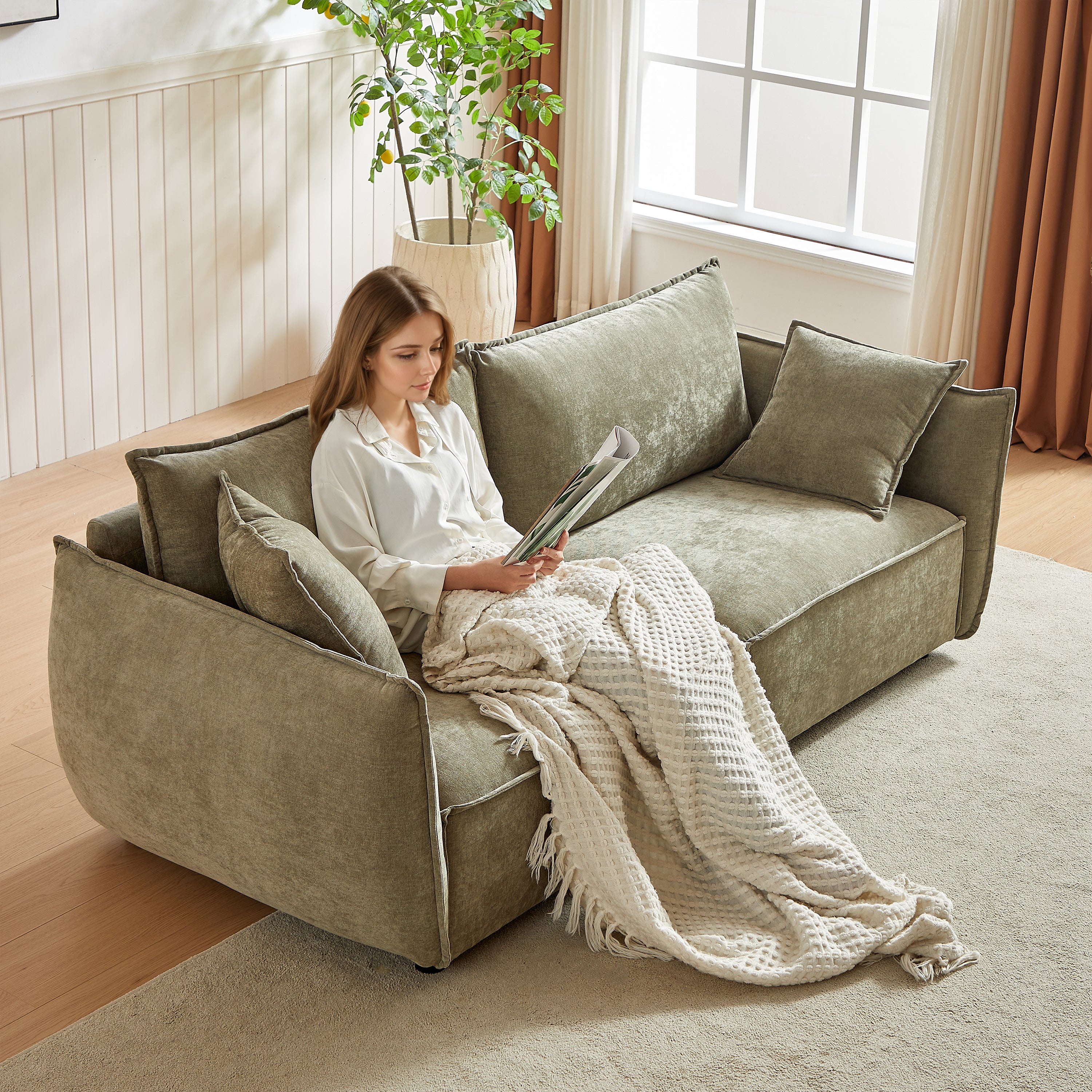 Phoenix 88" 3-Seater Linen Fabric Sofa, Light Green