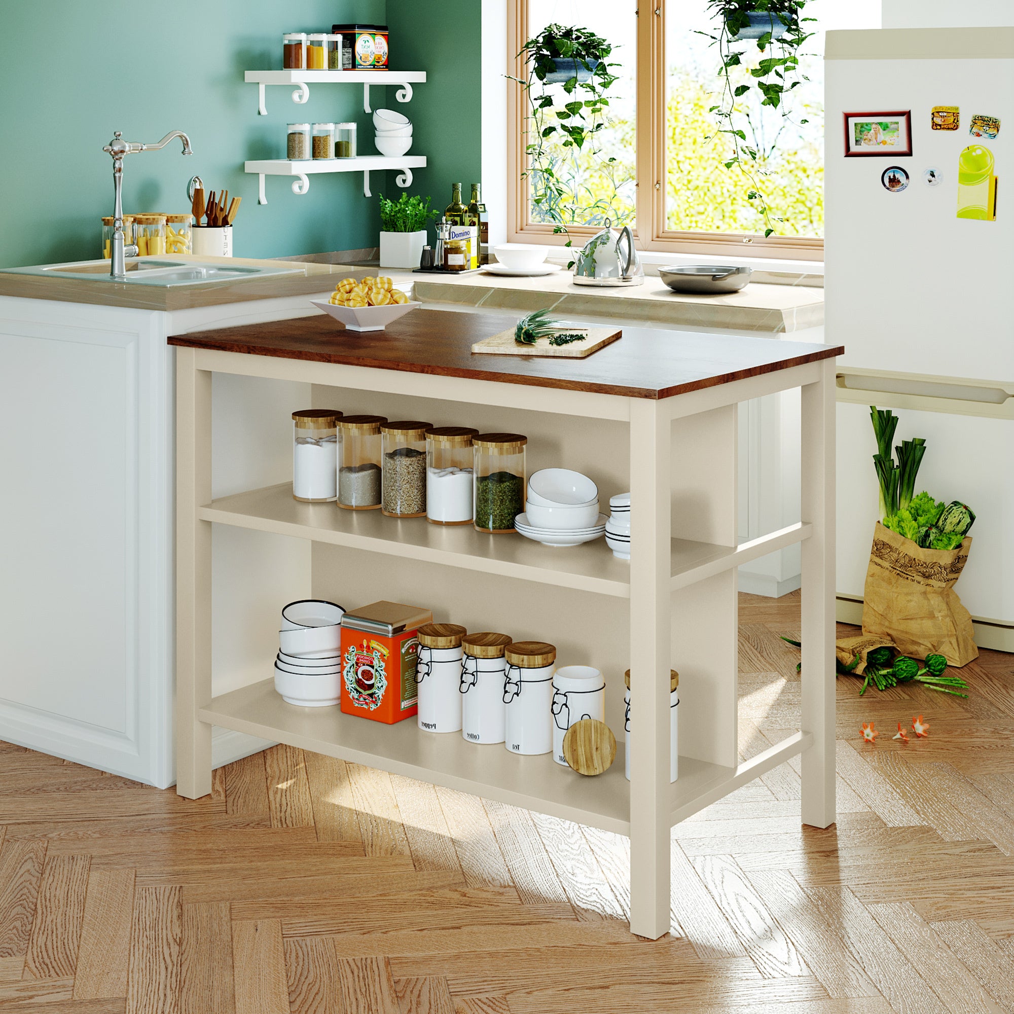 Solid Wood Rustic 45' Stationary Kitchen Island, Rubber Wood Butcher Block Dining Table Prep Table with 2 Open Shelves for Small Places,Walnut+Cream White