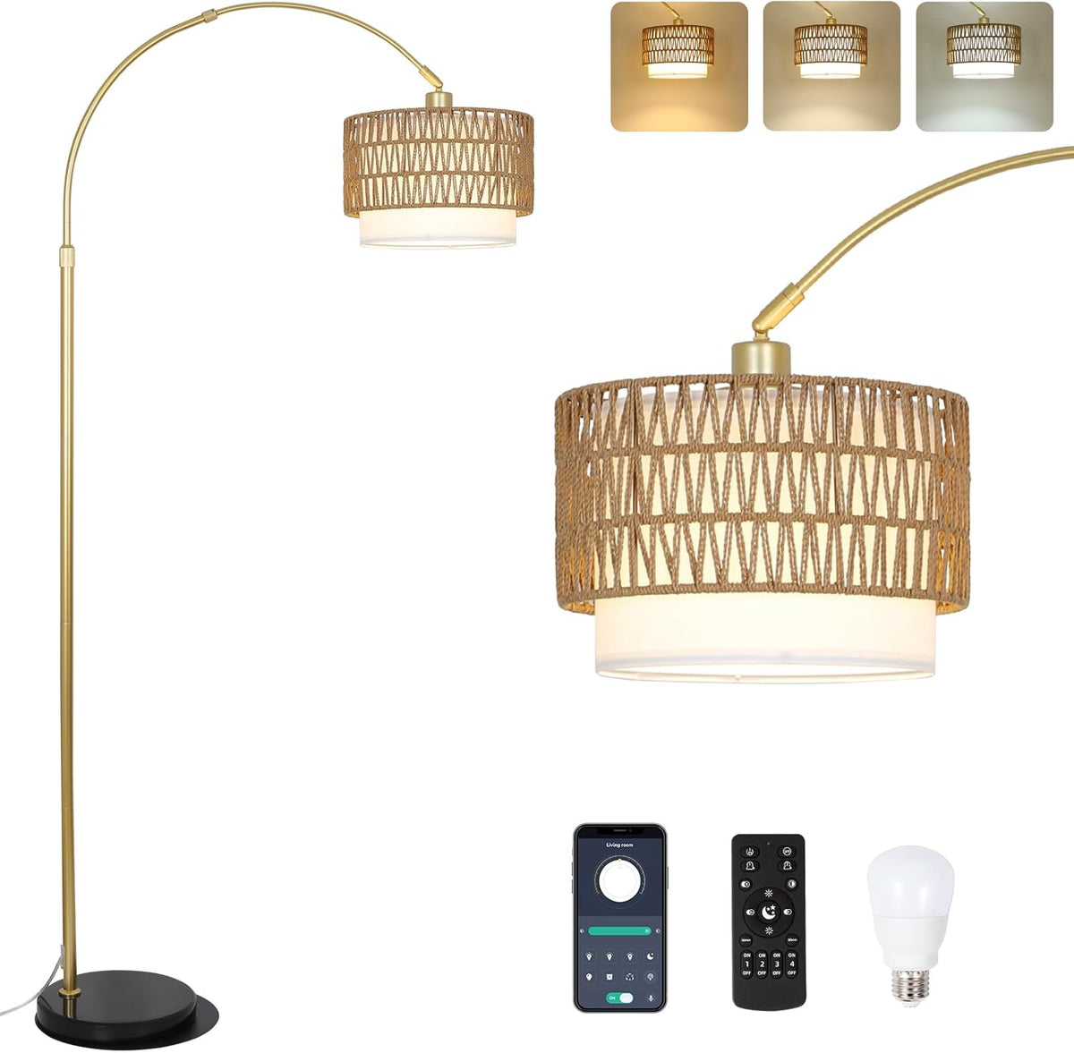 Halo 63"-73" Adjustable Arc Floor Lamp with Rattan Shade and Dimmable LED