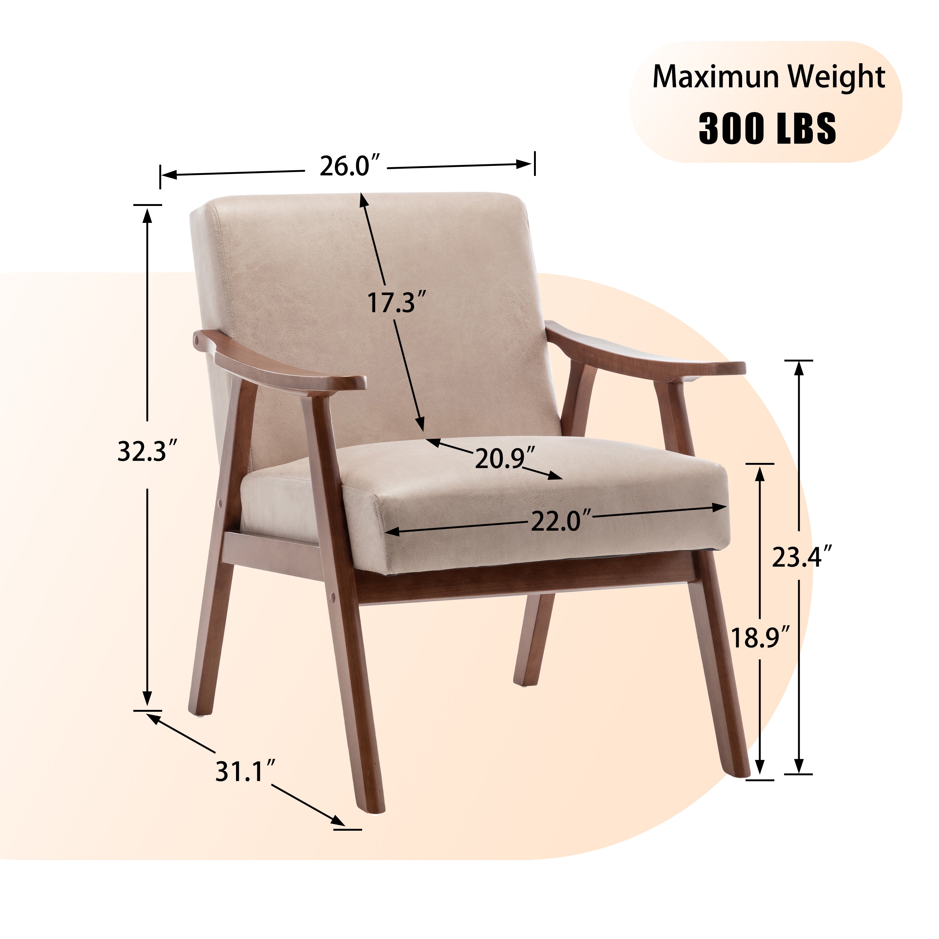 Aden Mid Century Modern Accent Chair with Solid Wood Frame and Thick Backrest