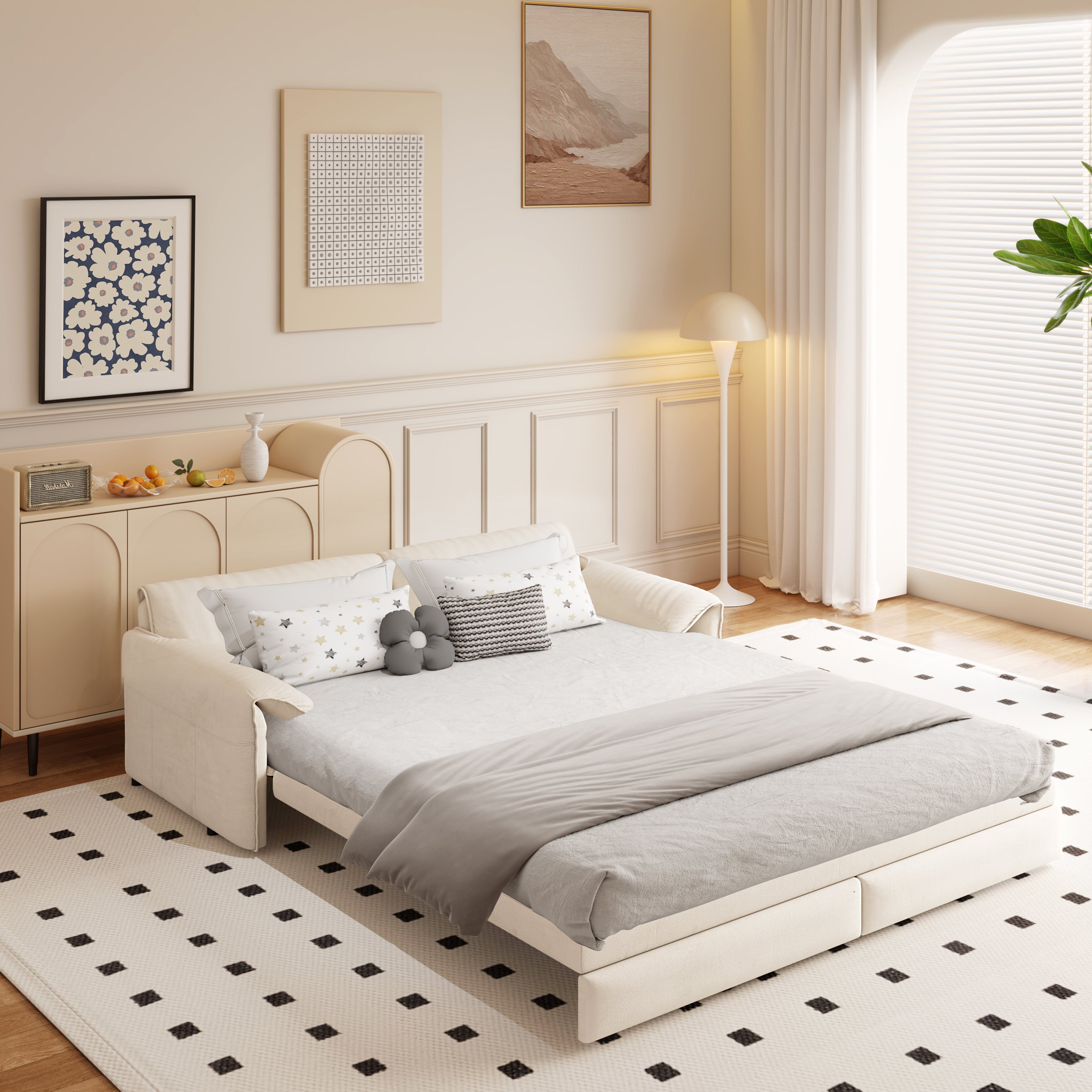 Freja 66" Velvet Convertible Sofa Bed with Pull-Out Sleeper and Side Storage, Beige
